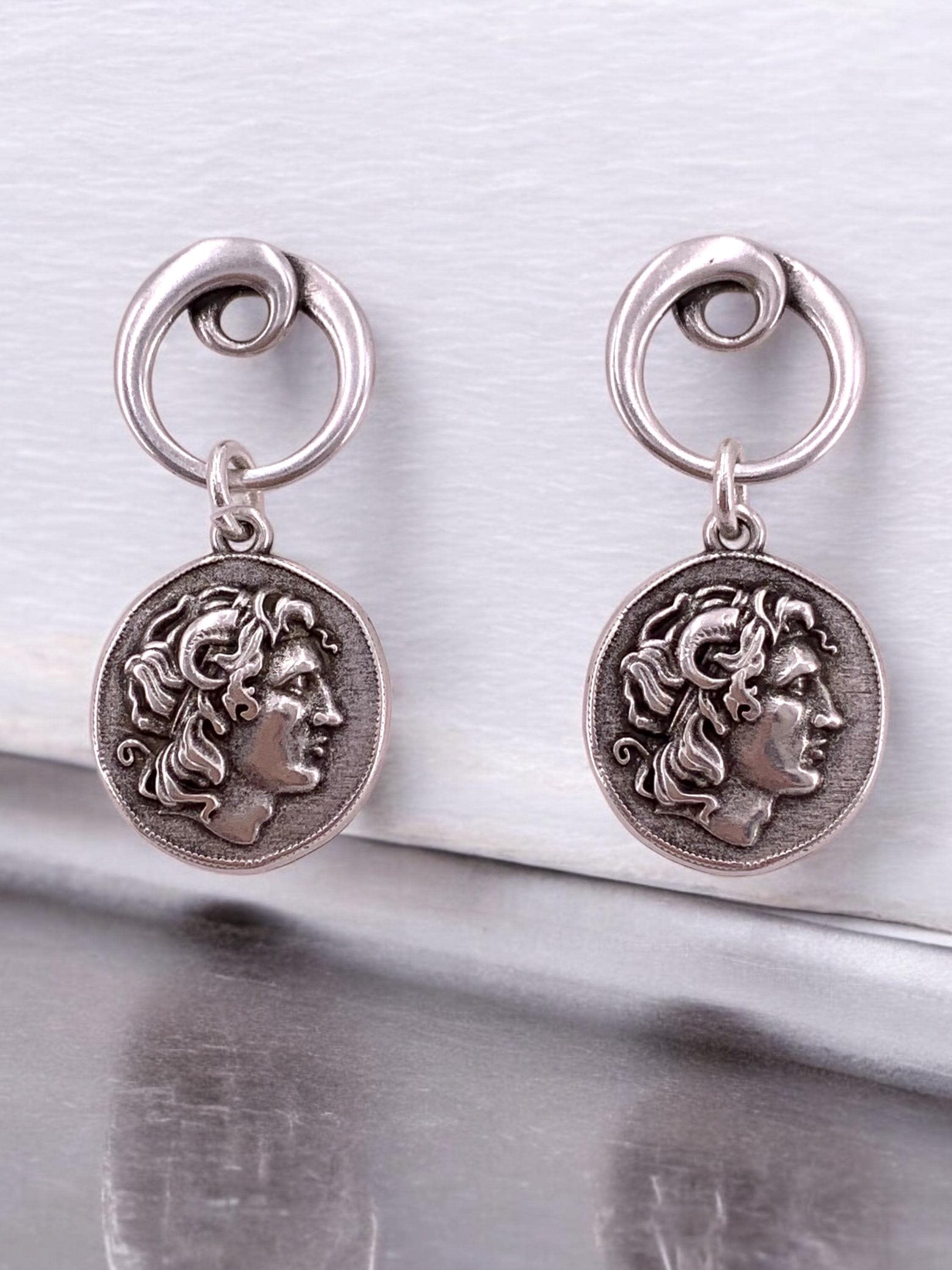 Silver Coin Dangle Earrings – Alexander the Great Design – Statement Drop Earrings – Handmade Kukuri Jewelry – Gift for Women