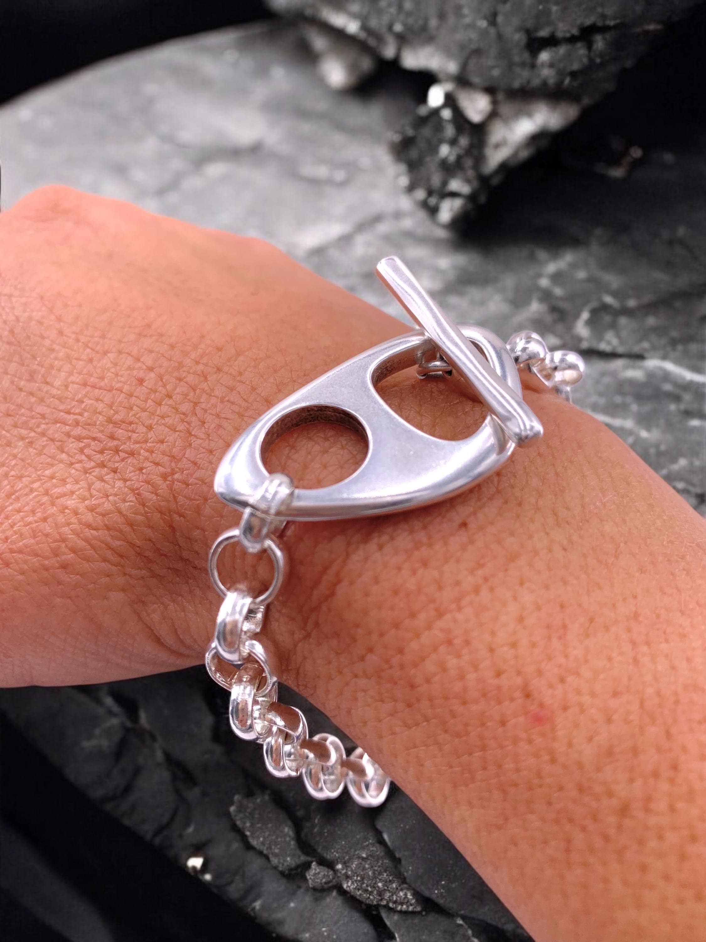 Chunky Silver Rolo Chain Bracelet – Toggle Clasp – Handmade Kukuri Jewelry – bold T cuff