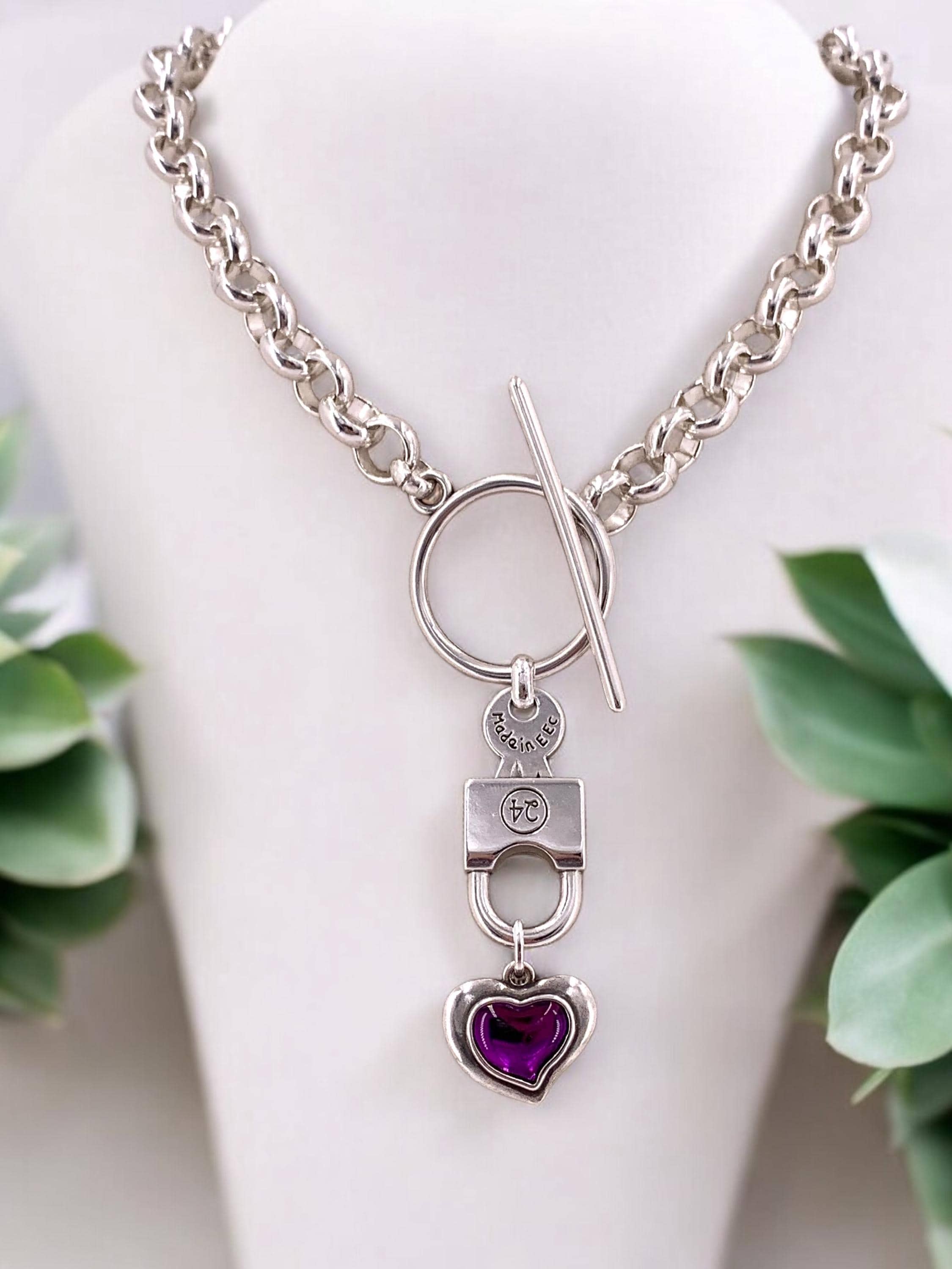 Chunky Silver Rolo Chain Necklace – Heart & Padlock Pendant – Toggle Clasp – Handmade Kukuri Jewelry