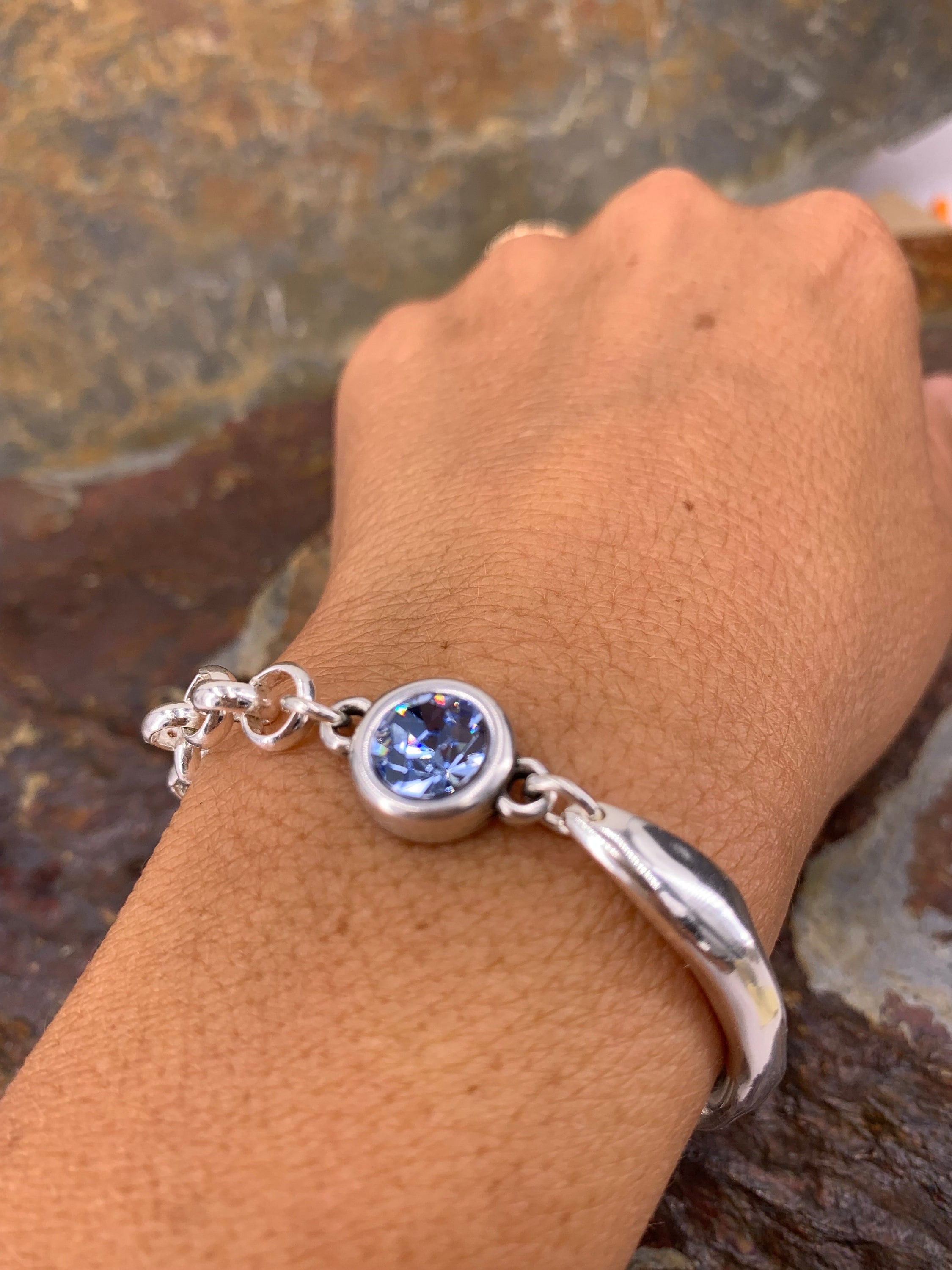 Chunky Silver Bracelet – Swarovski Crystal Connector – Mixed Chain & half cuff design – Handmade Kukuri Jewelry