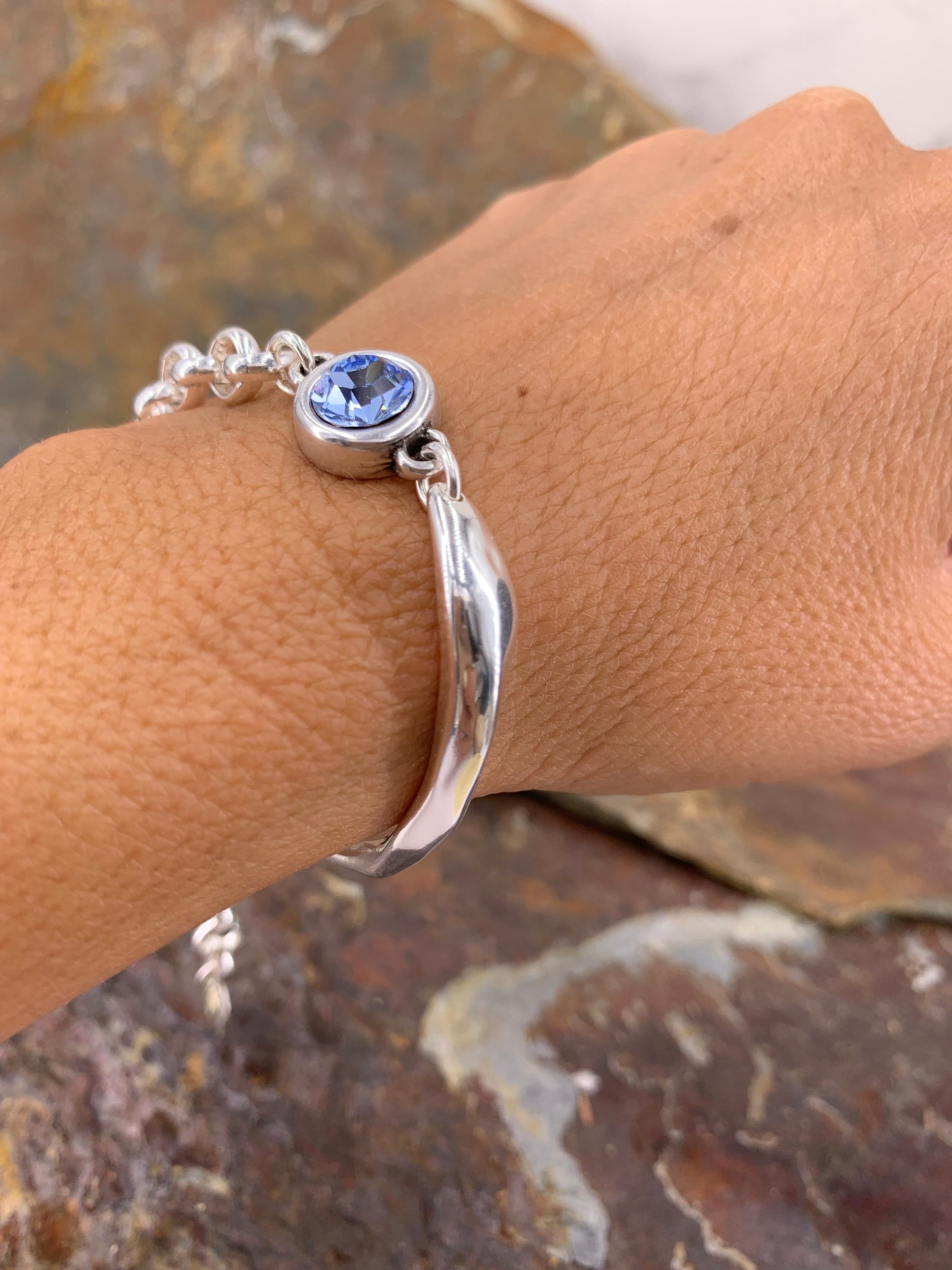 Chunky Silver Bracelet – Swarovski Crystal Connector – Mixed Chain & half cuff design – Handmade Kukuri Jewelry