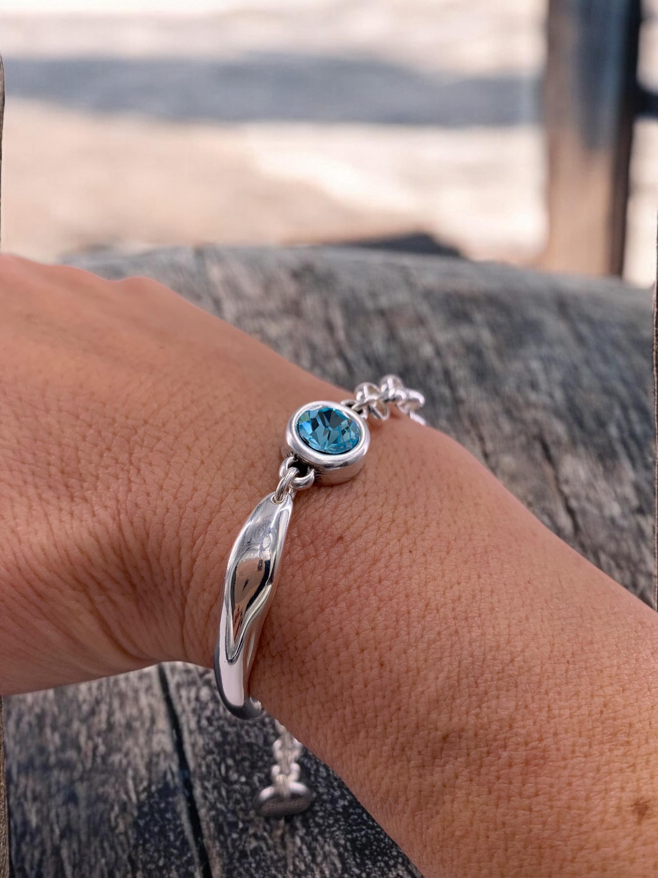 Chunky Silver Bracelet – Swarovski Crystal Connector – Mixed Chain & half cuff design – Handmade Kukuri Jewelry