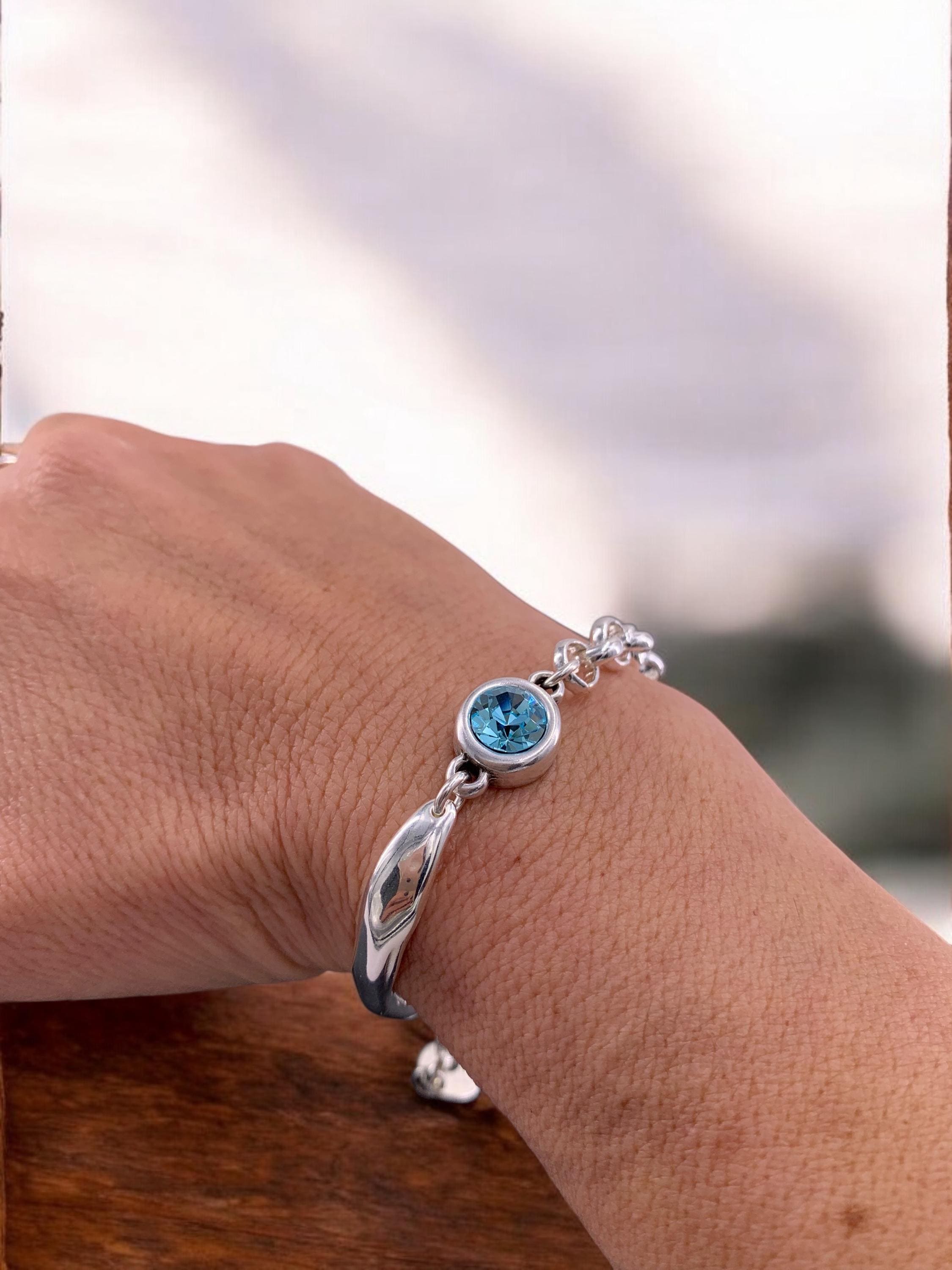 Chunky Silver Bracelet – Swarovski Crystal Connector – Mixed Chain & half cuff design – Handmade Kukuri Jewelry