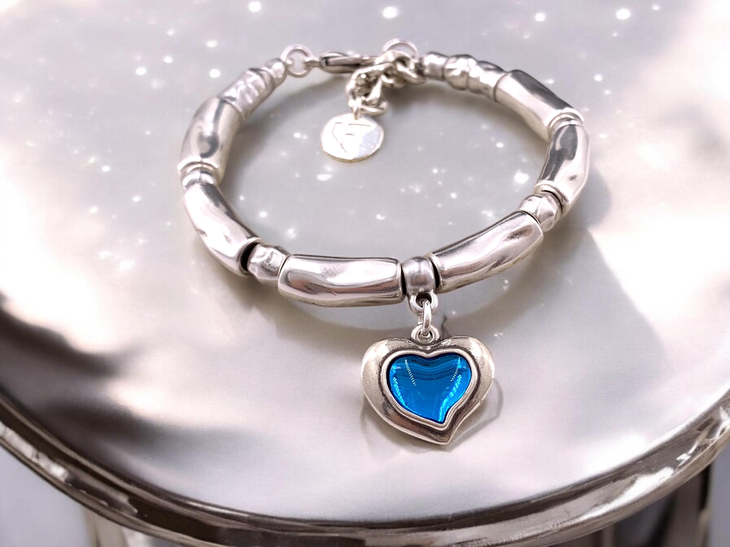 Chunky Silver Bracelet – Blue Heart Pendant – Adjustable bold cuff – Statement Handmade Kukuri Jewelry
