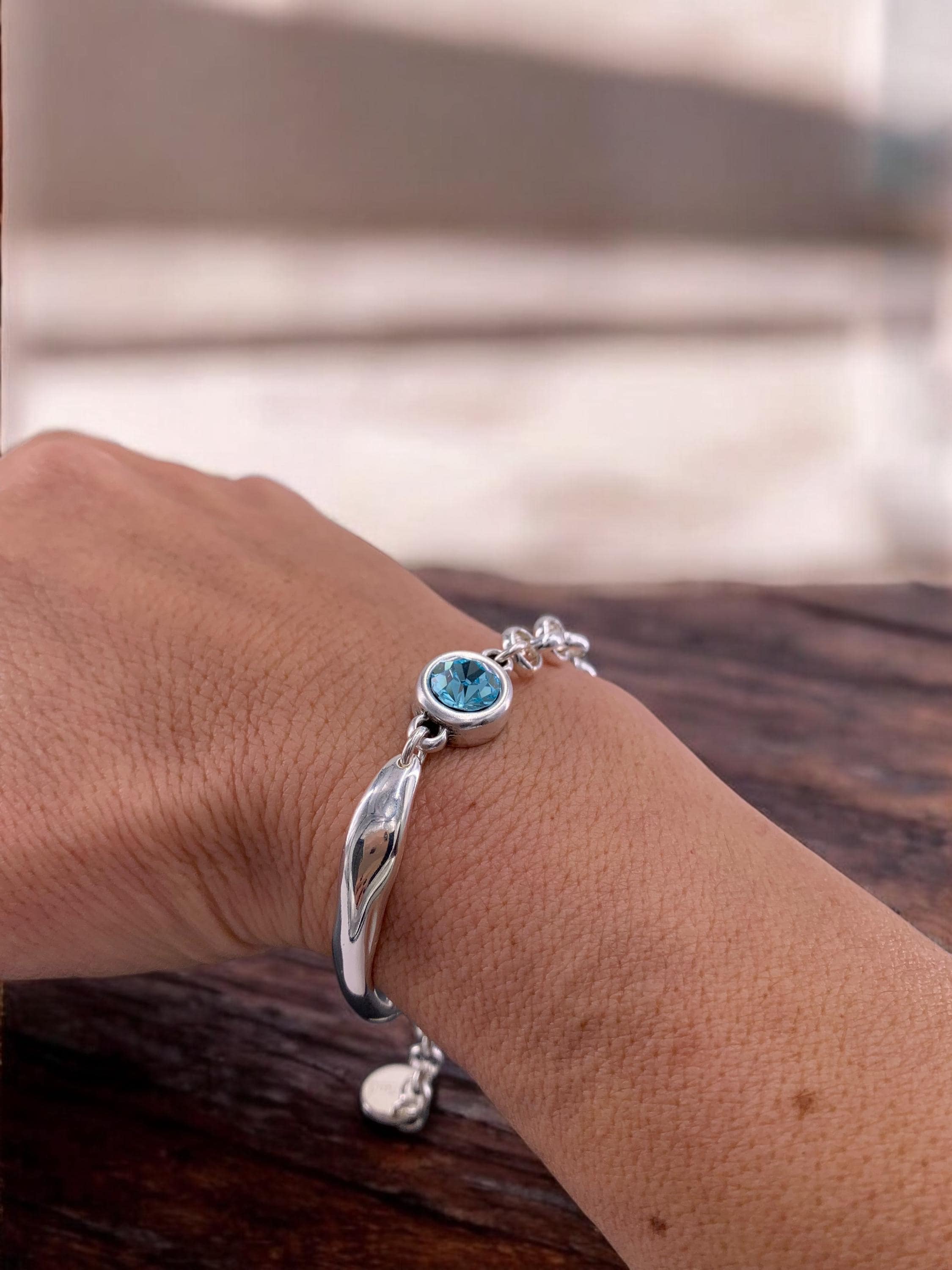 Chunky Silver Bracelet – Swarovski Crystal Connector – Mixed Chain & half cuff design – Handmade Kukuri Jewelry