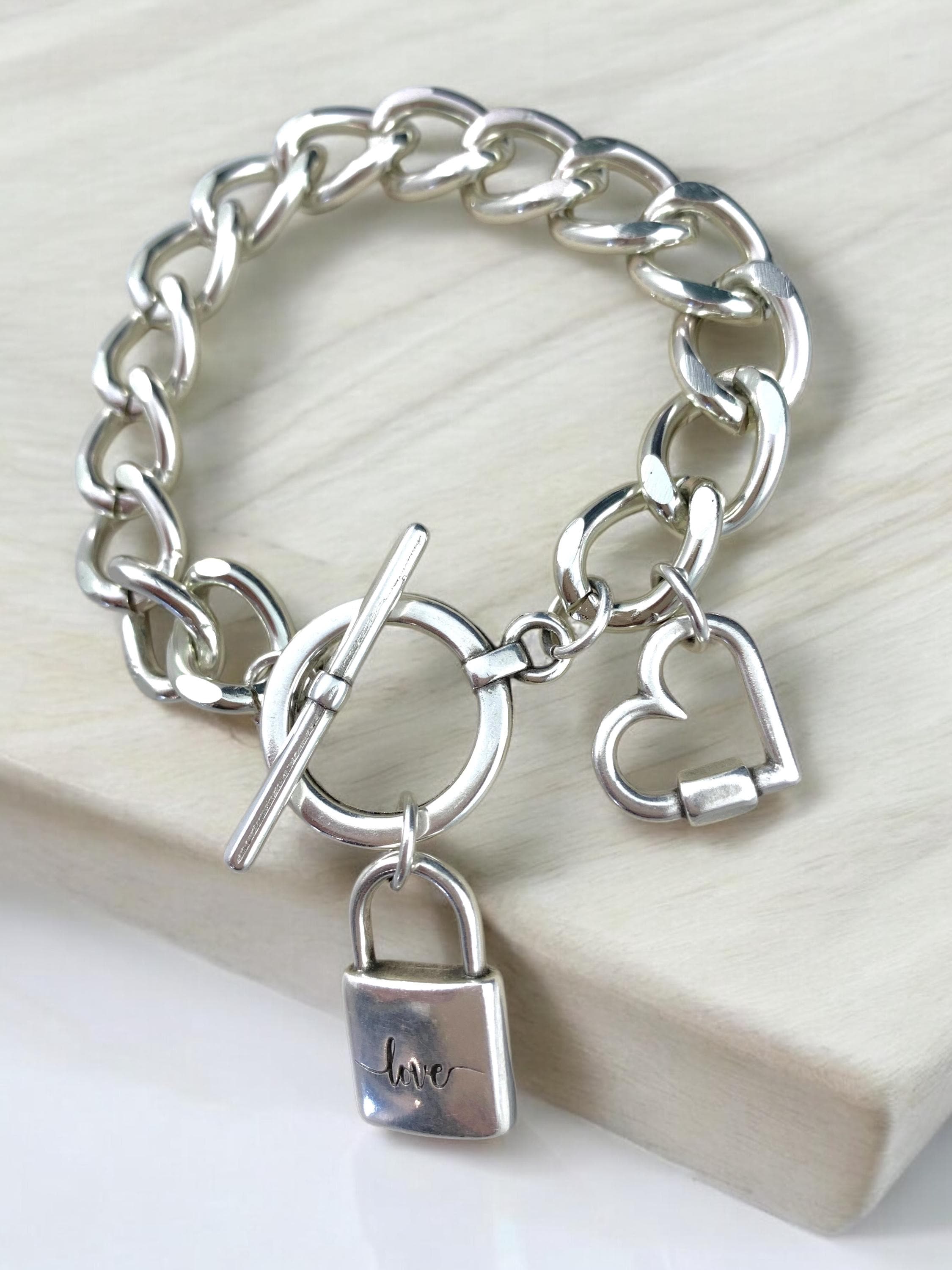 Chunky Silver Chain Bracelet – Heart & Padlock Charms – Toggle Clasp – Bold Handmade Kukuri Jewelry
