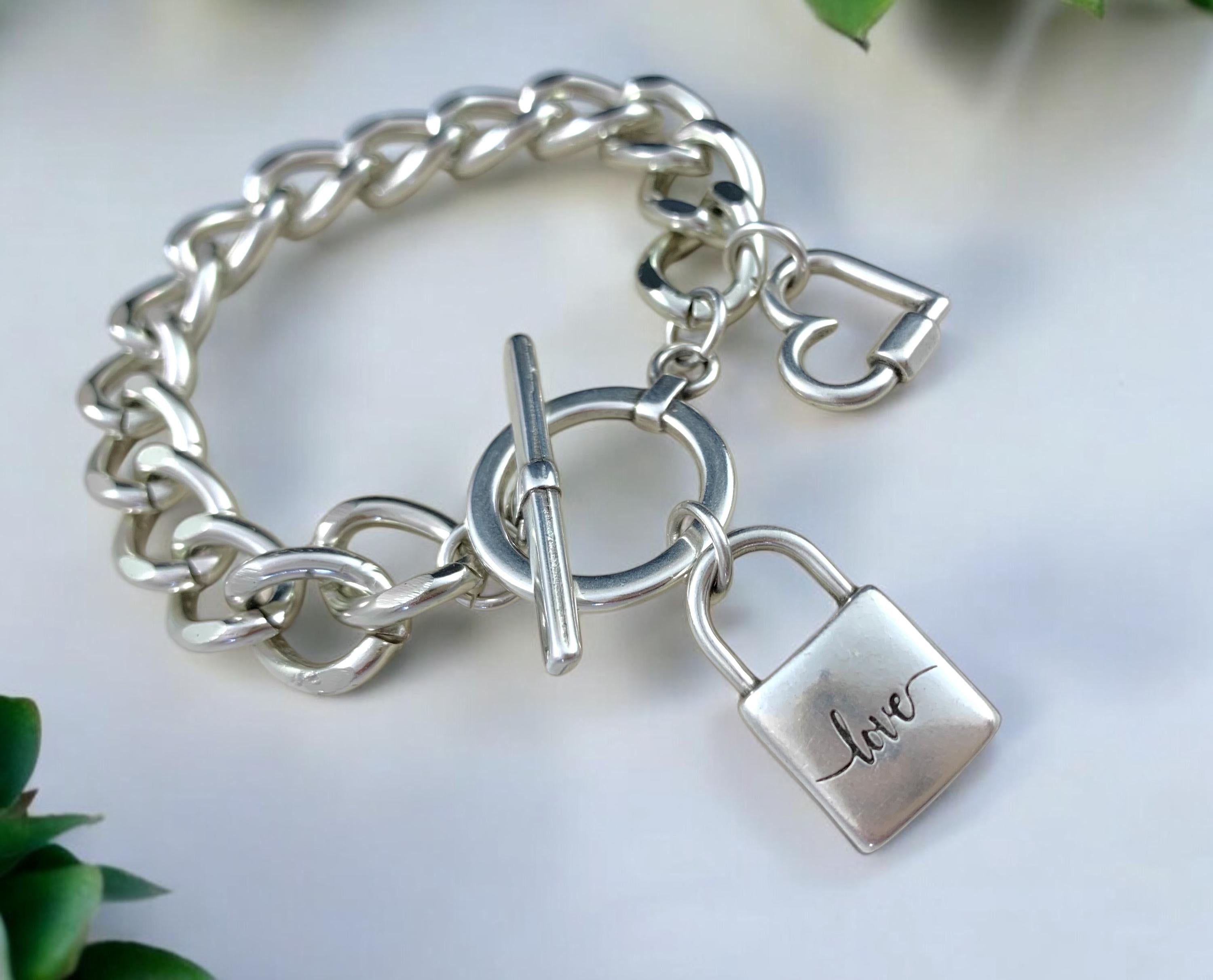 Chunky Silver Chain Bracelet – Heart & Padlock Charms – Toggle Clasp – Bold Handmade Kukuri Jewelry