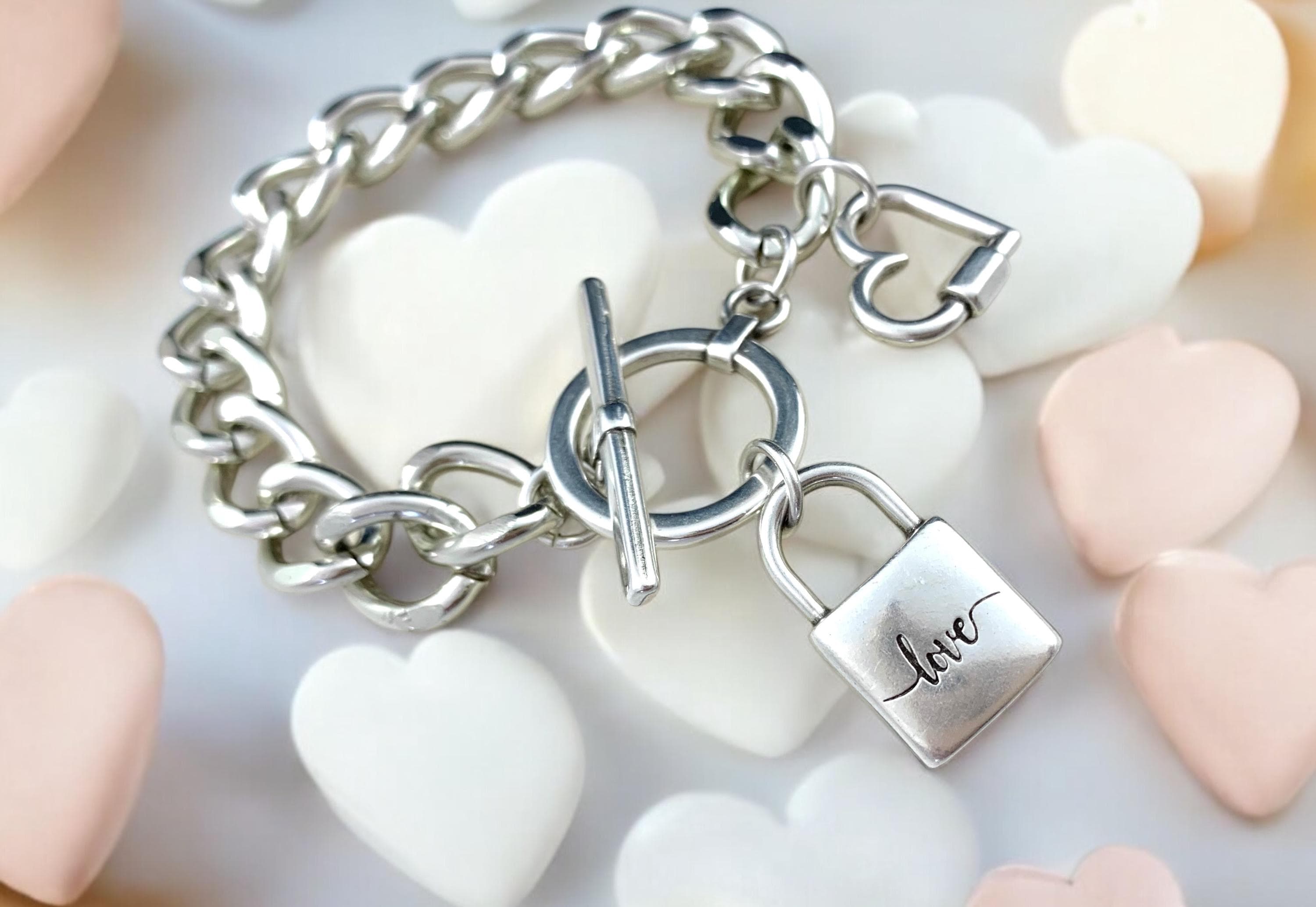Chunky Silver Chain Bracelet – Heart & Padlock Charms – Toggle Clasp – Bold Handmade Kukuri Jewelry