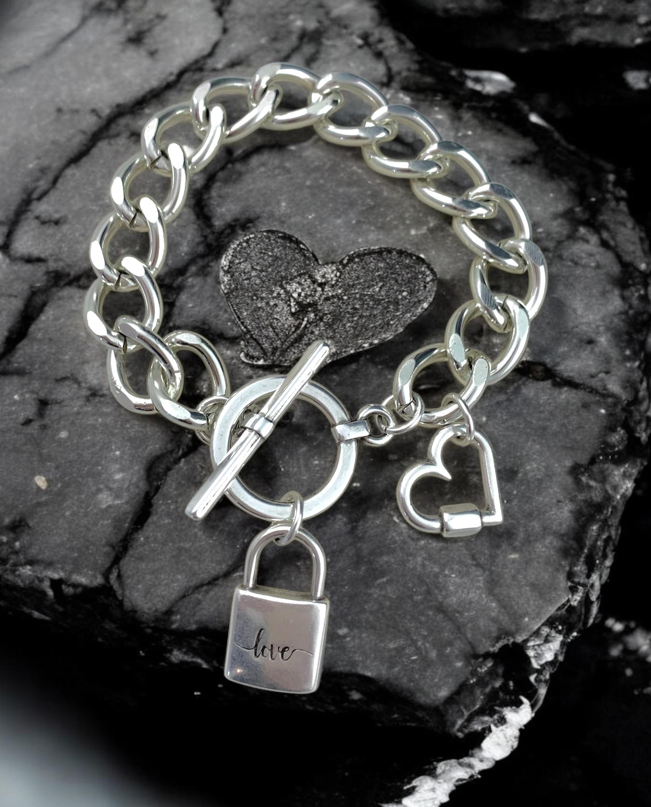 Chunky Silver Chain Bracelet – Heart & Padlock Charms – Toggle Clasp – Bold Handmade Kukuri Jewelry