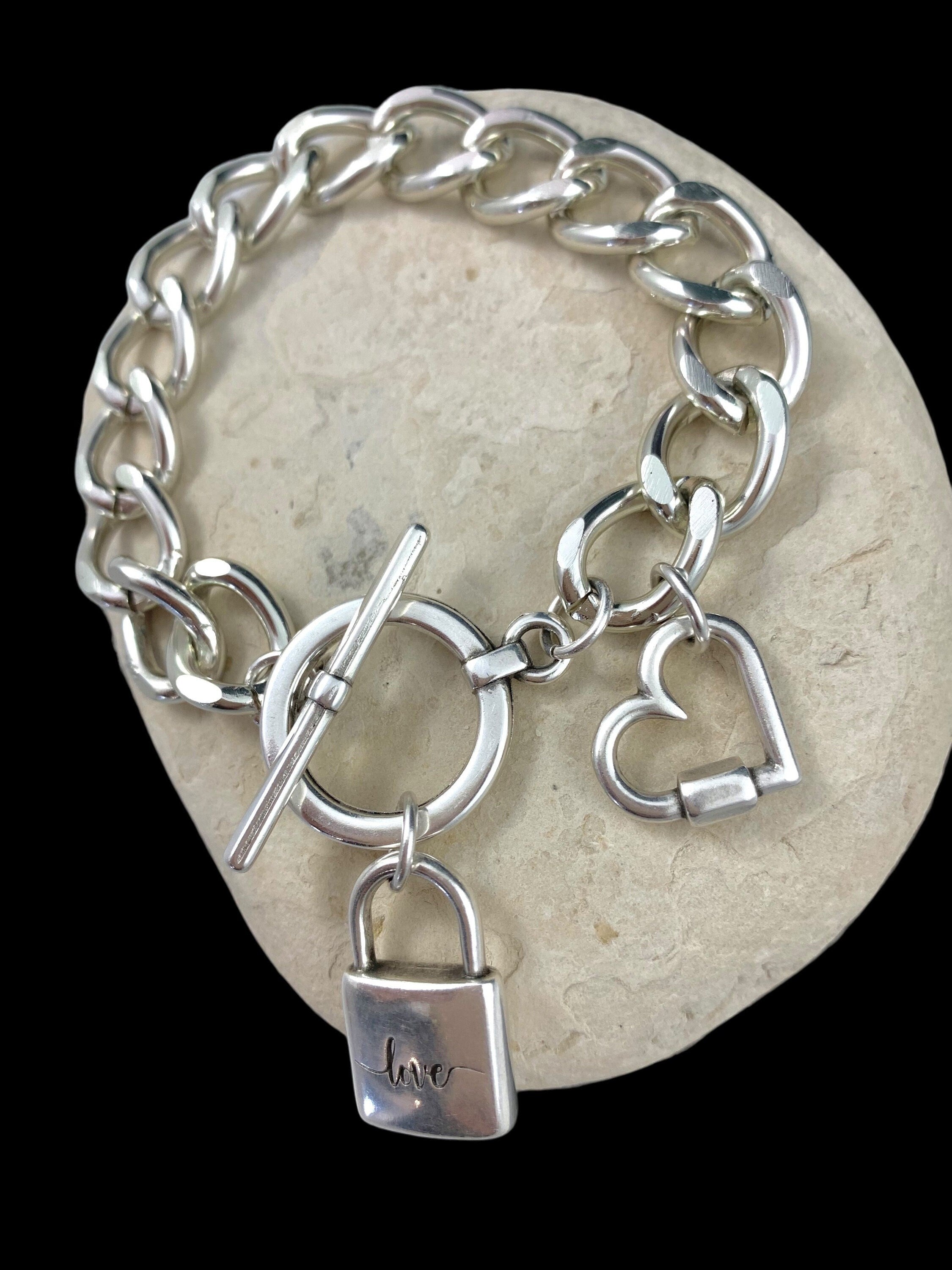 Chunky Silver Chain Bracelet – Heart & Padlock Charms – Toggle Clasp – Bold Handmade Kukuri Jewelry