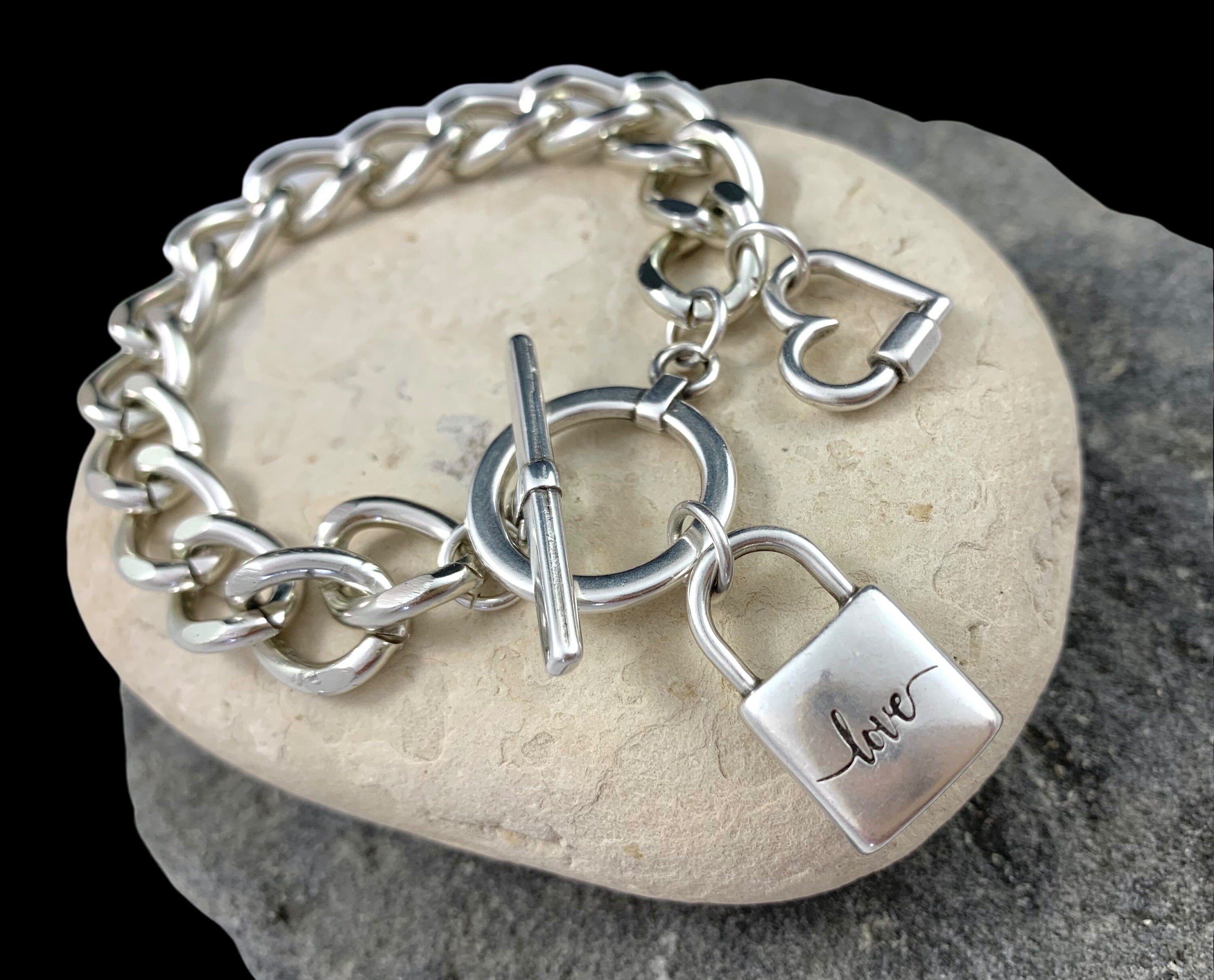 Chunky Silver Chain Bracelet – Heart & Padlock Charms – Toggle Clasp – Bold Handmade Kukuri Jewelry