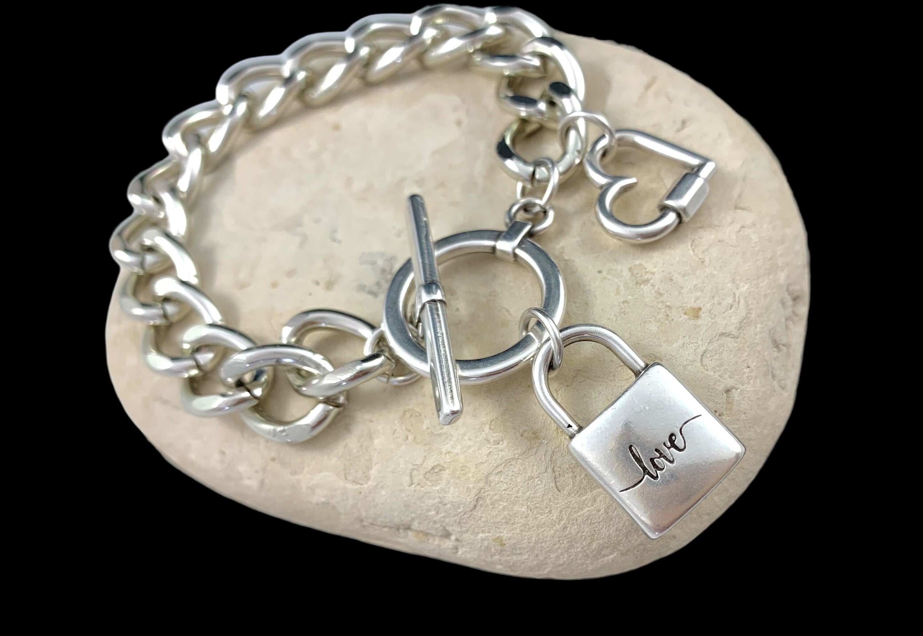 Chunky Silver Chain Bracelet – Heart & Padlock Charms – Toggle Clasp – Bold Handmade Kukuri Jewelry