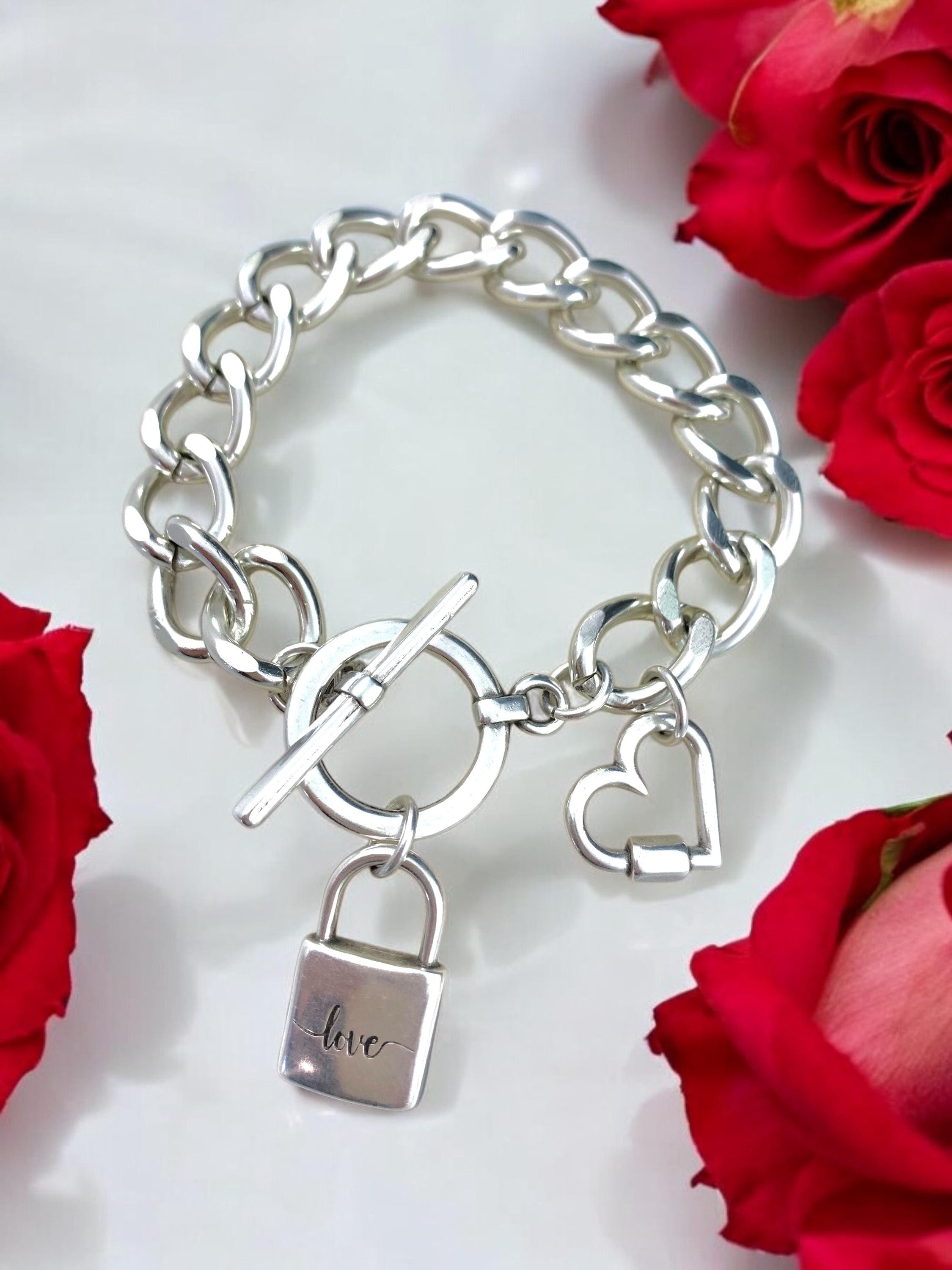Chunky Silver Chain Bracelet – Heart & Padlock Charms – Toggle Clasp – Bold Handmade Kukuri Jewelry
