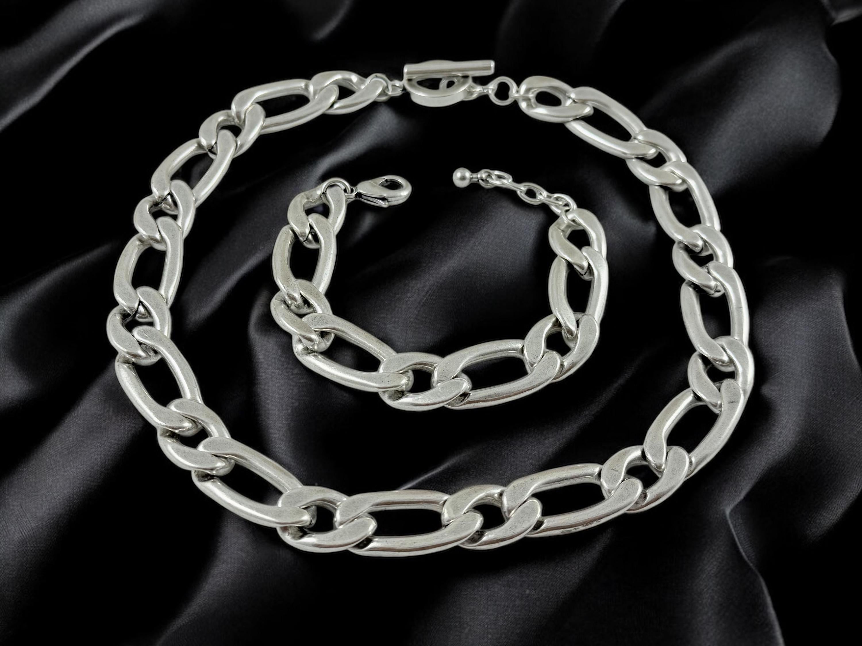 Chunky Silver Figaro Chain Bracelet – Bold Lightweight statement Links – Handmade Kukuri Jewelry