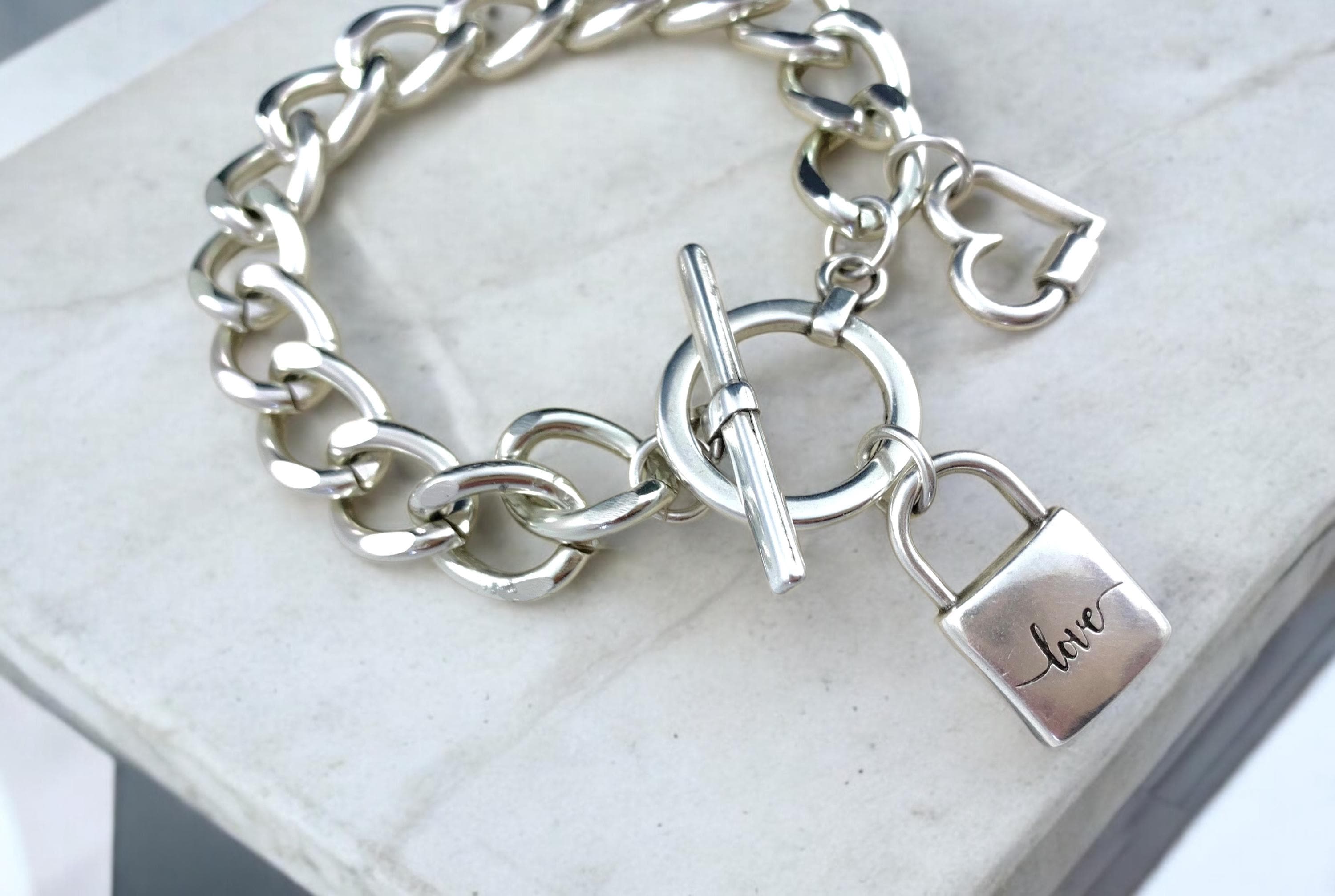 Chunky Silver Chain Bracelet – Heart & Padlock Charms – Toggle Clasp – Bold Handmade Kukuri Jewelry