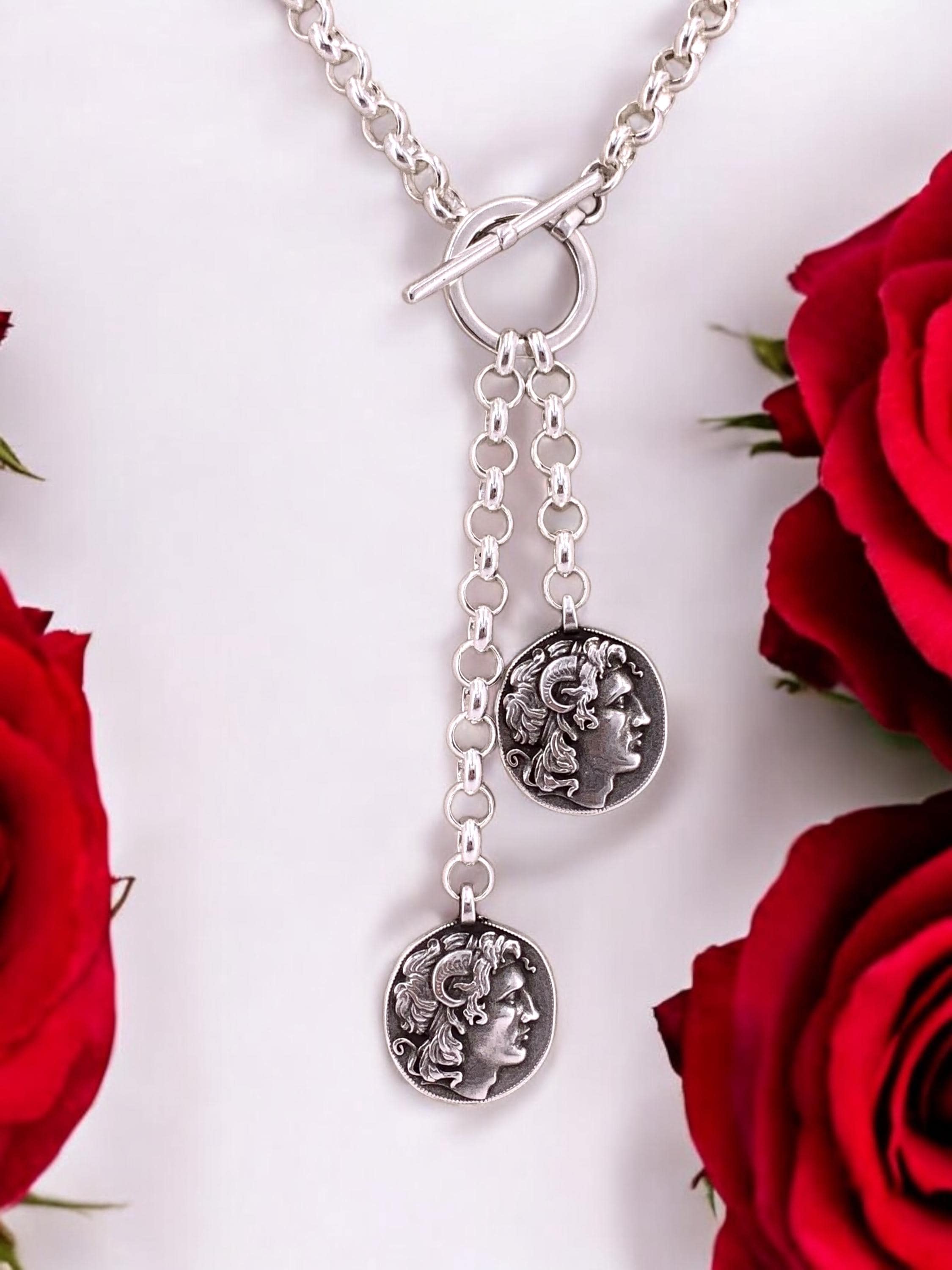Chunky Silver Lariat Necklace – Greek Coin Pendants – Toggle Clasp – Handmade Kukuri Jewelry