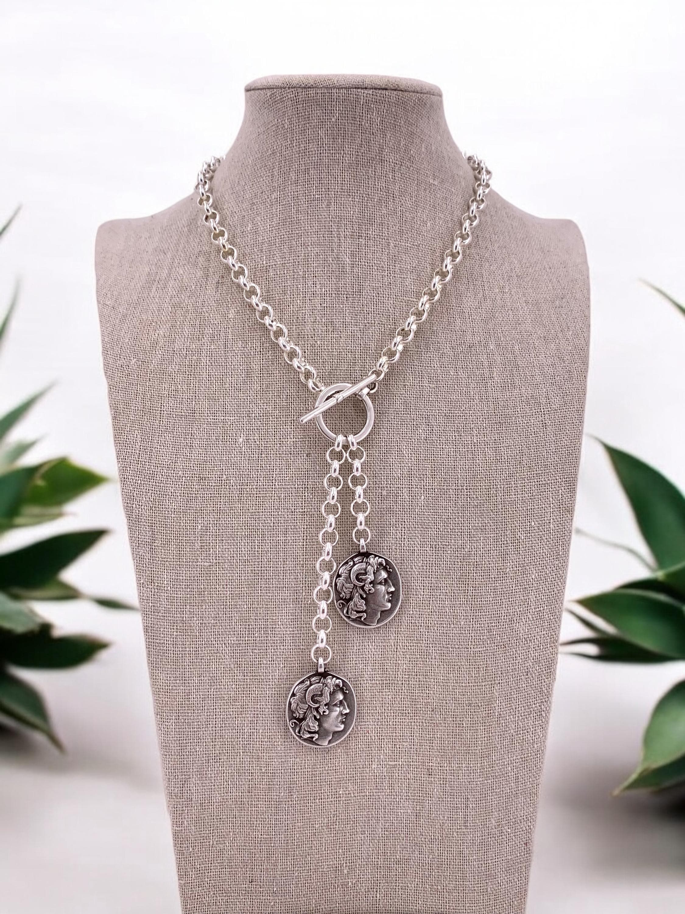 Chunky Silver Lariat Necklace – Greek Coin Pendants – Toggle Clasp – Handmade Kukuri Jewelry
