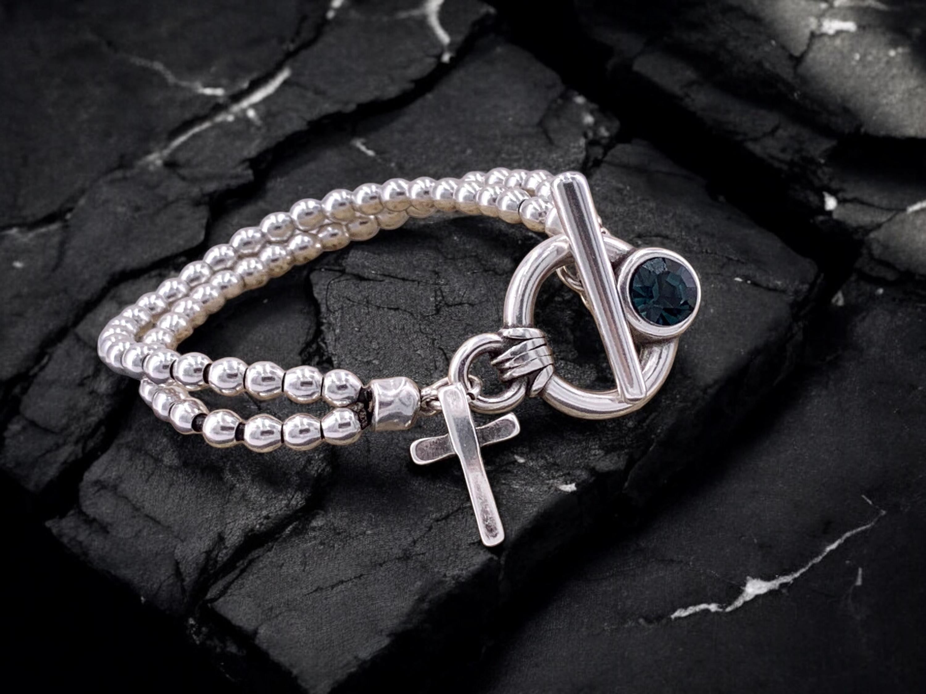 Chunky Silver Beaded Bracelet – Swarovski Crystal Toggle Clasp & Cross Pendant – Handmade Kukuri Jewelry