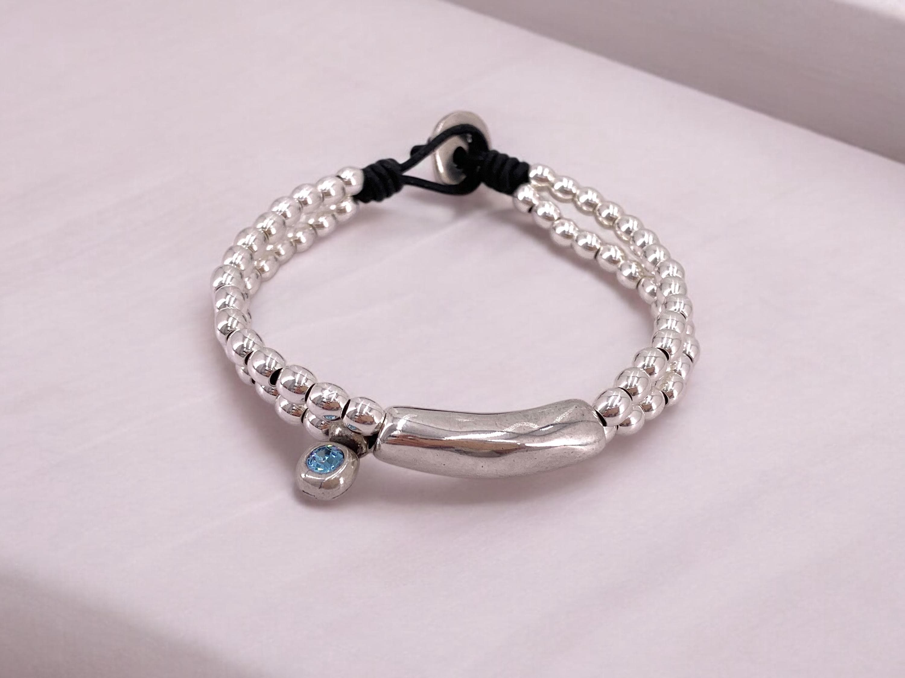 Boho Leather beaded Bracelet – Swarovski Crystal Charm – Silver Beads & Tube – Handmade Kukuri Jewelry