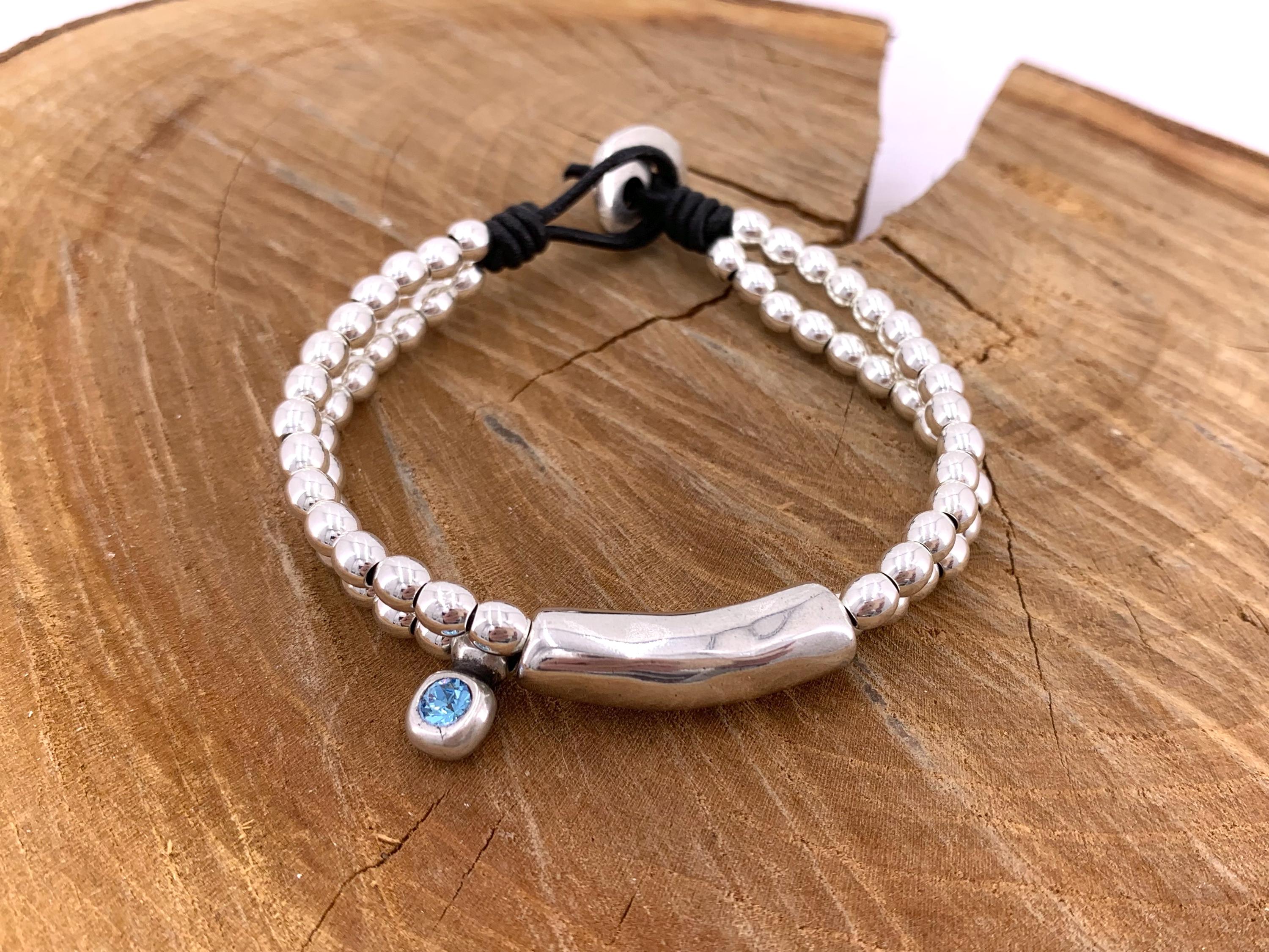 Boho Leather beaded Bracelet – Swarovski Crystal Charm – Silver Beads & Tube – Handmade Kukuri Jewelry