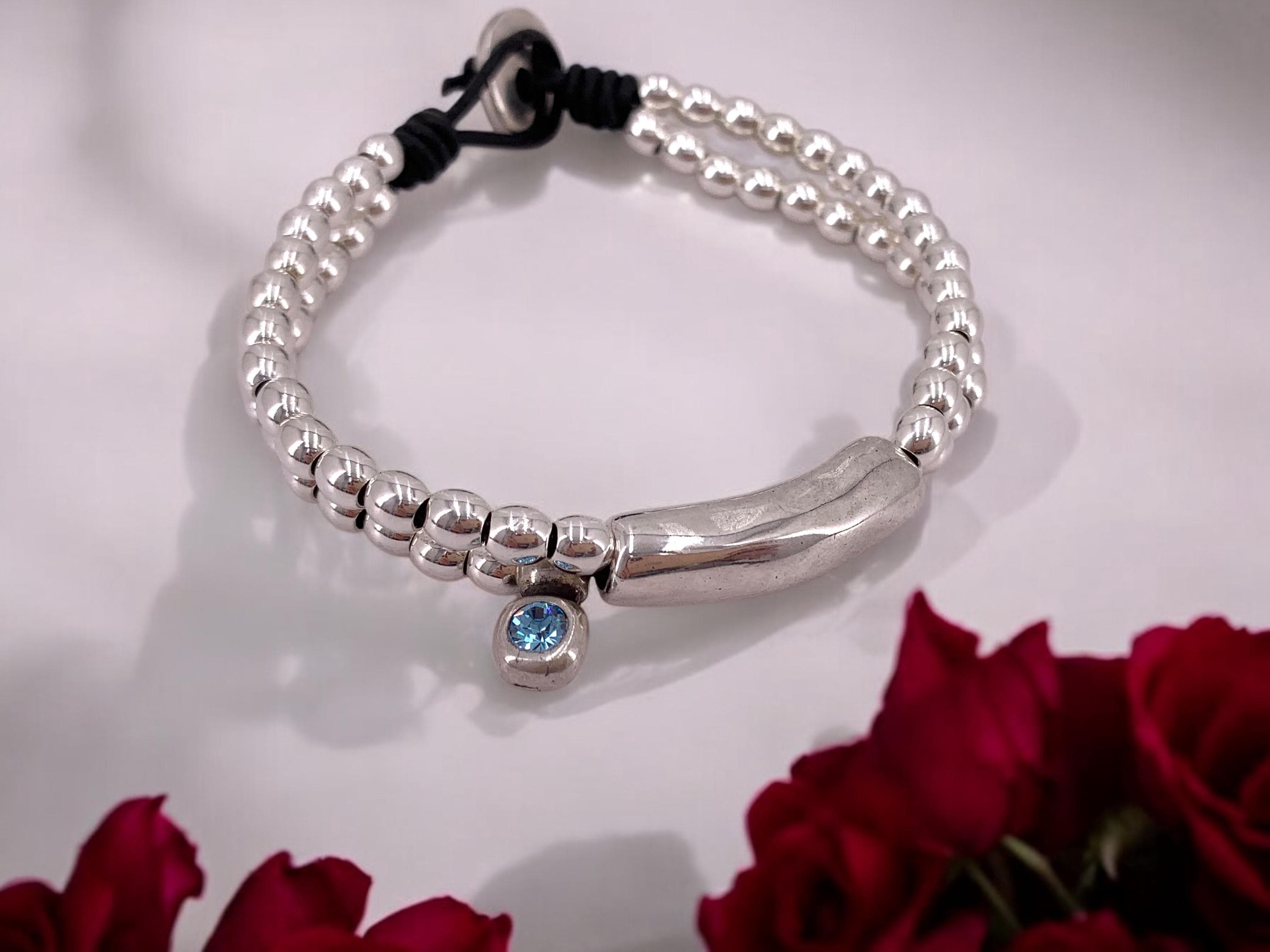 Boho Leather beaded Bracelet – Swarovski Crystal Charm – Silver Beads & Tube – Handmade Kukuri Jewelry