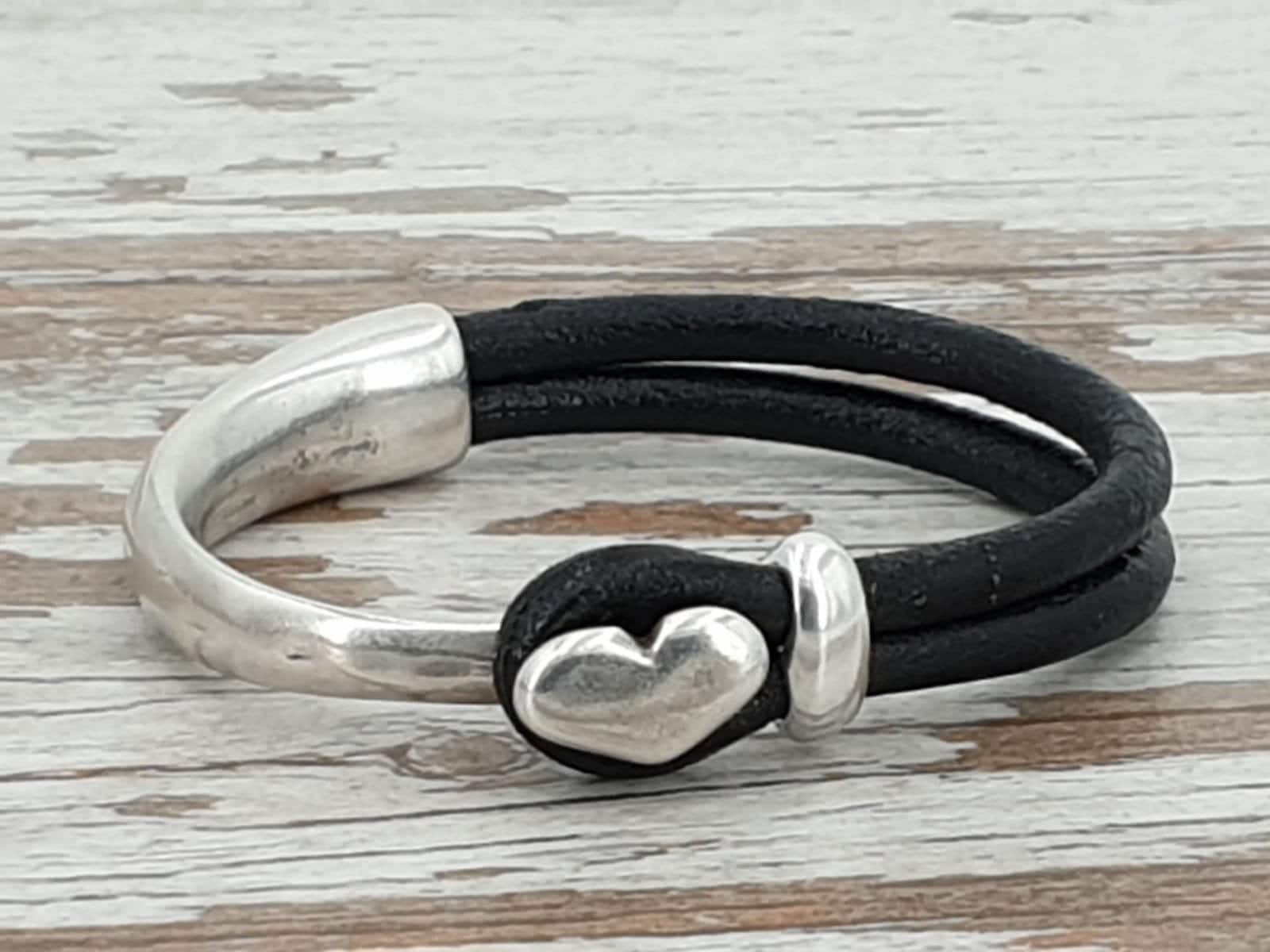 Half cuff leather bracelet for women, silver leather bracelet, heart bracelets, bohemian bracelet, uno de 50 style, silver cuff bracelet
