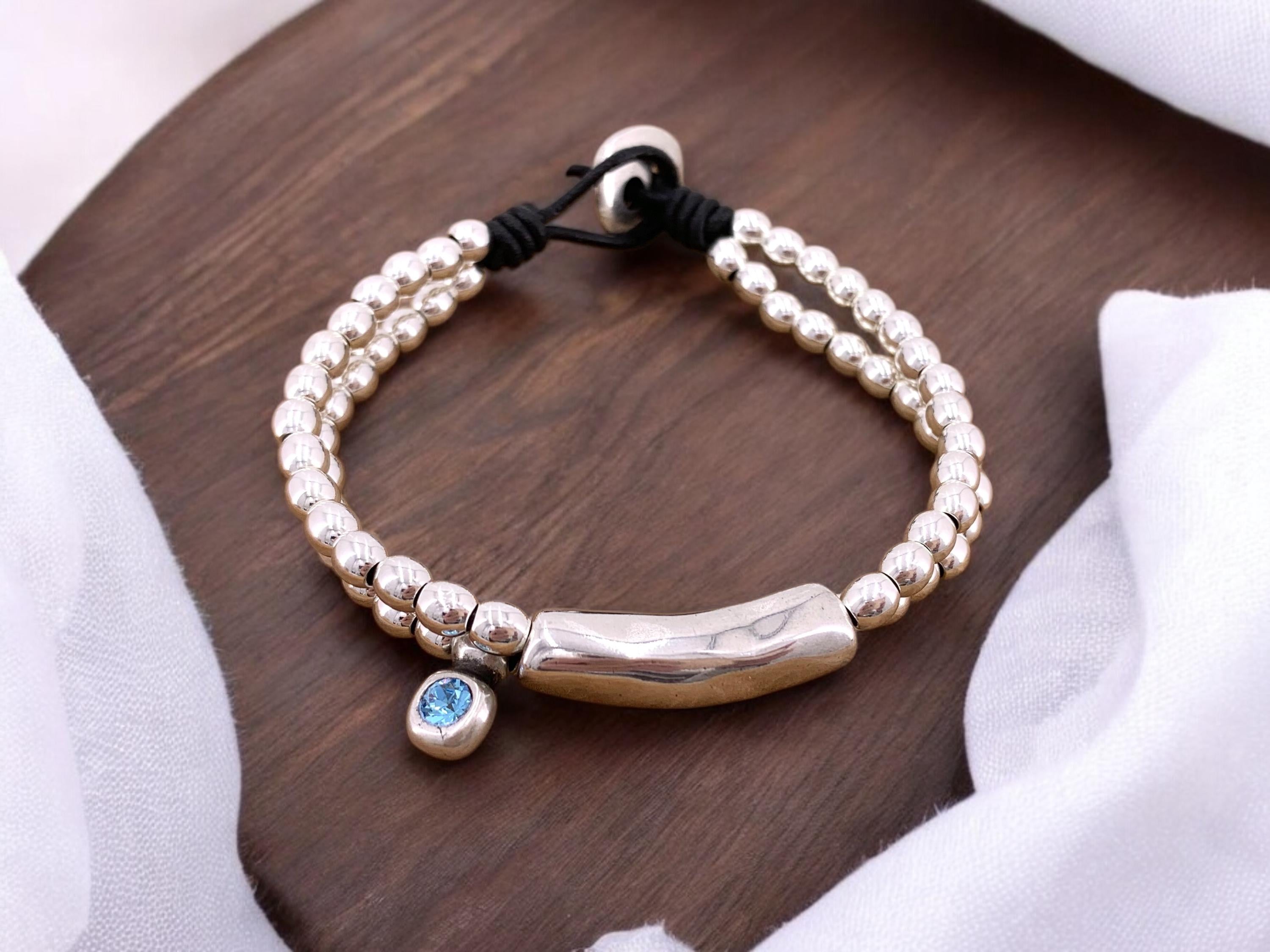 Boho Leather beaded Bracelet – Swarovski Crystal Charm – Silver Beads & Tube – Handmade Kukuri Jewelry