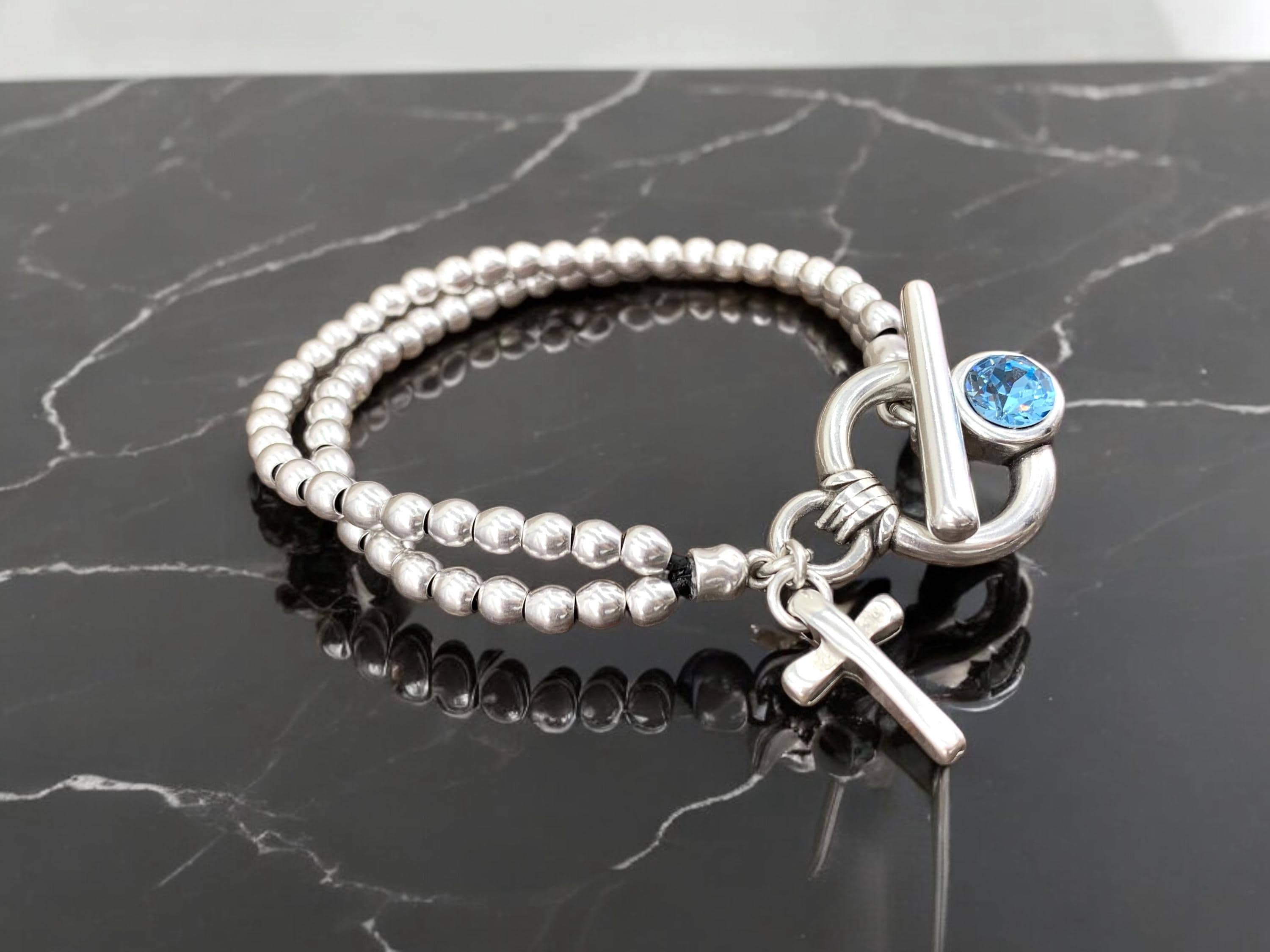 Chunky Silver Beaded Bracelet – Swarovski Crystal Toggle Clasp & Cross Pendant – Handmade Kukuri Jewelry