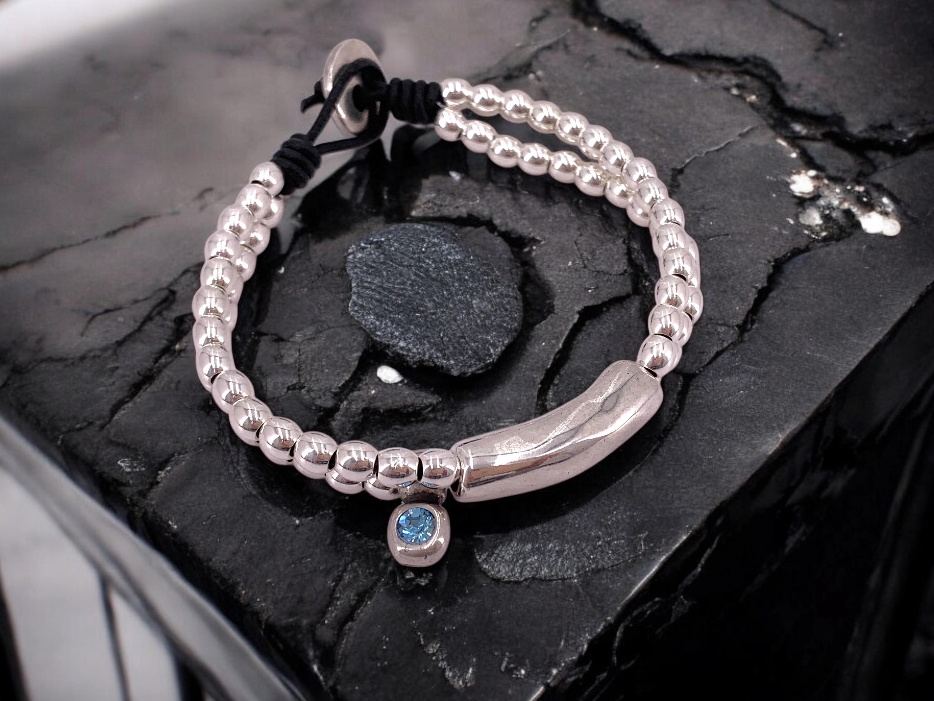 Boho Leather beaded Bracelet – Swarovski Crystal Charm – Silver Beads & Tube – Handmade Kukuri Jewelry