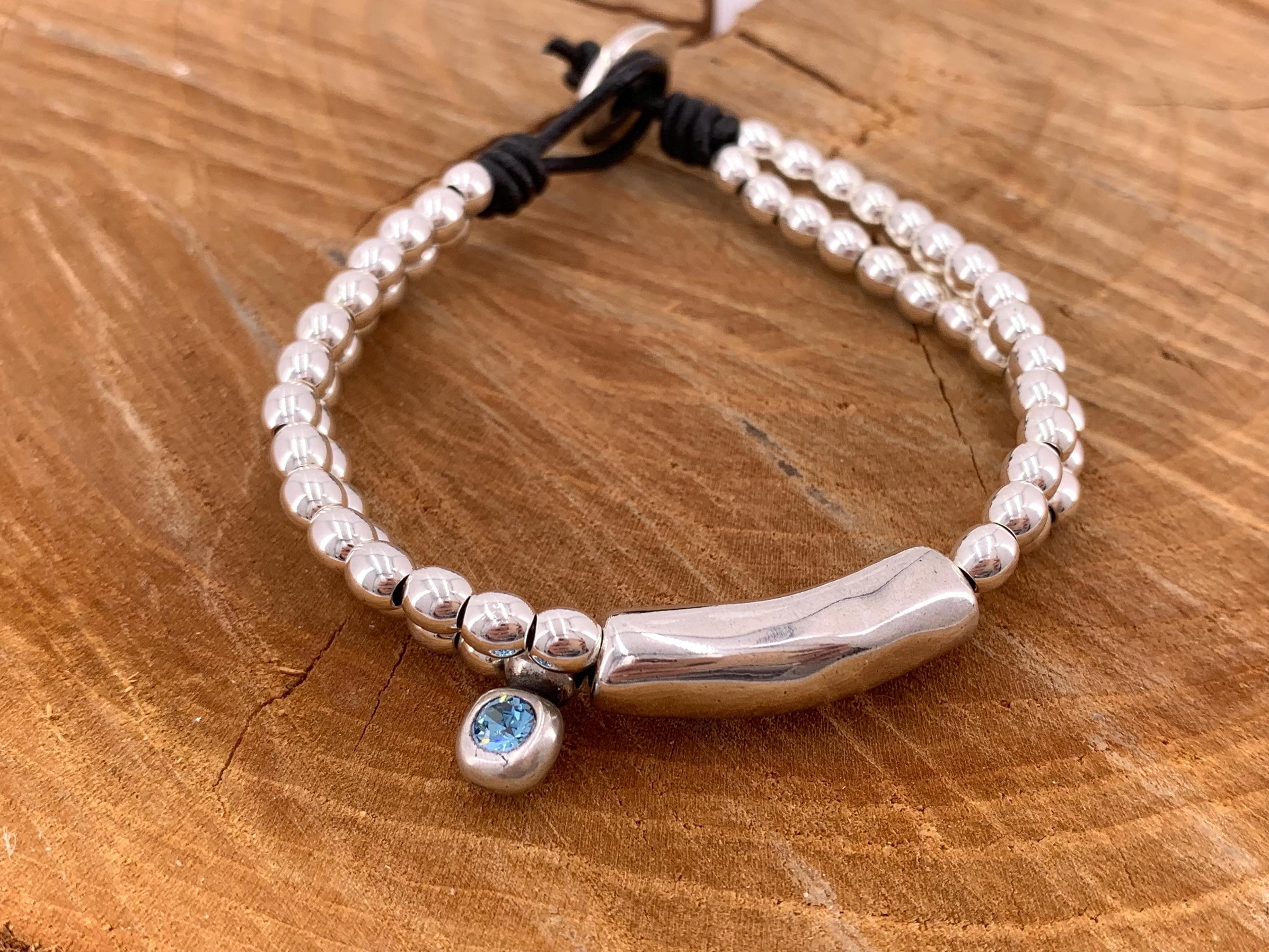 Boho Leather beaded Bracelet – Swarovski Crystal Charm – Silver Beads & Tube – Handmade Kukuri Jewelry