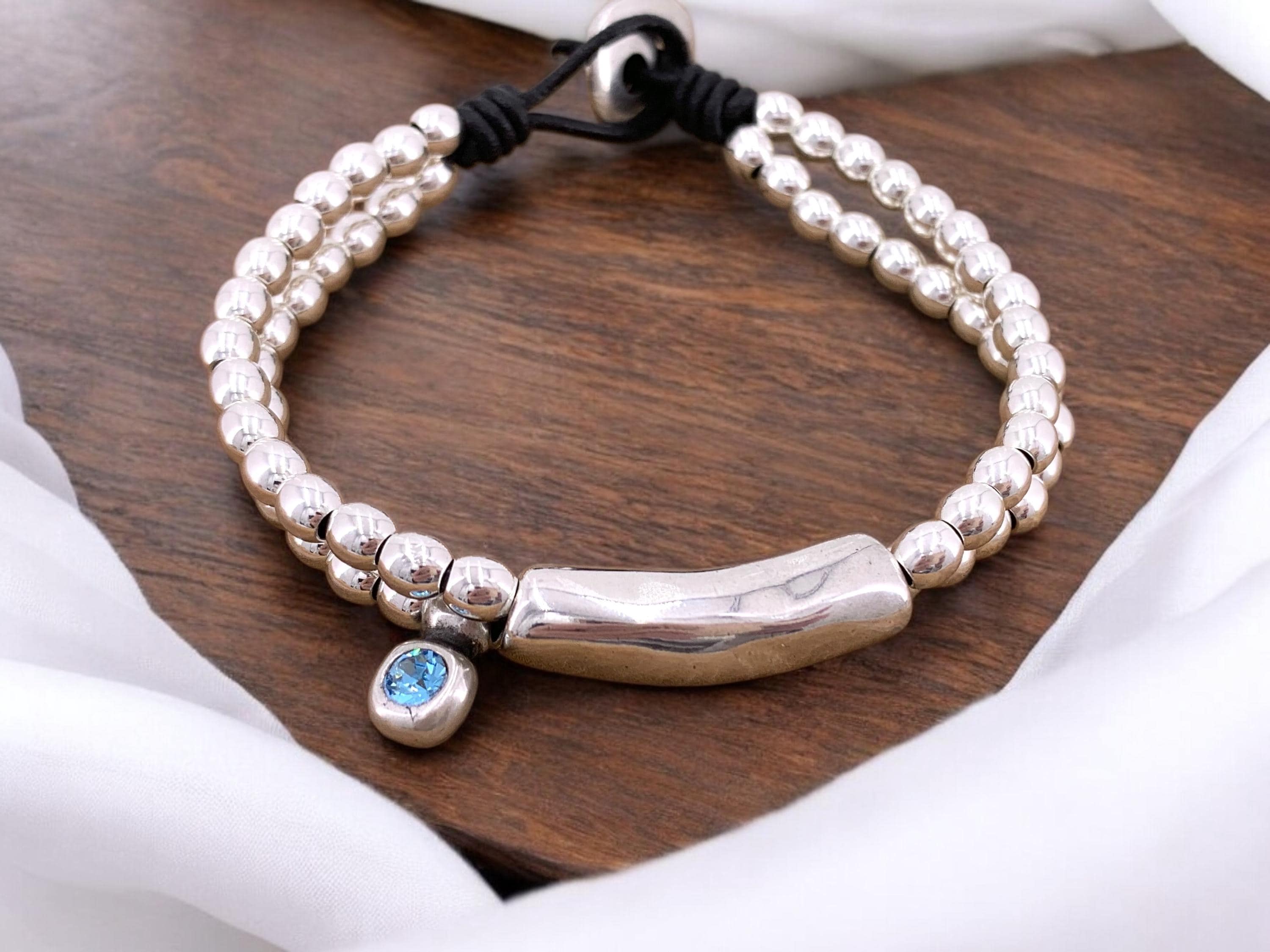 Boho Leather beaded Bracelet – Swarovski Crystal Charm – Silver Beads & Tube – Handmade Kukuri Jewelry