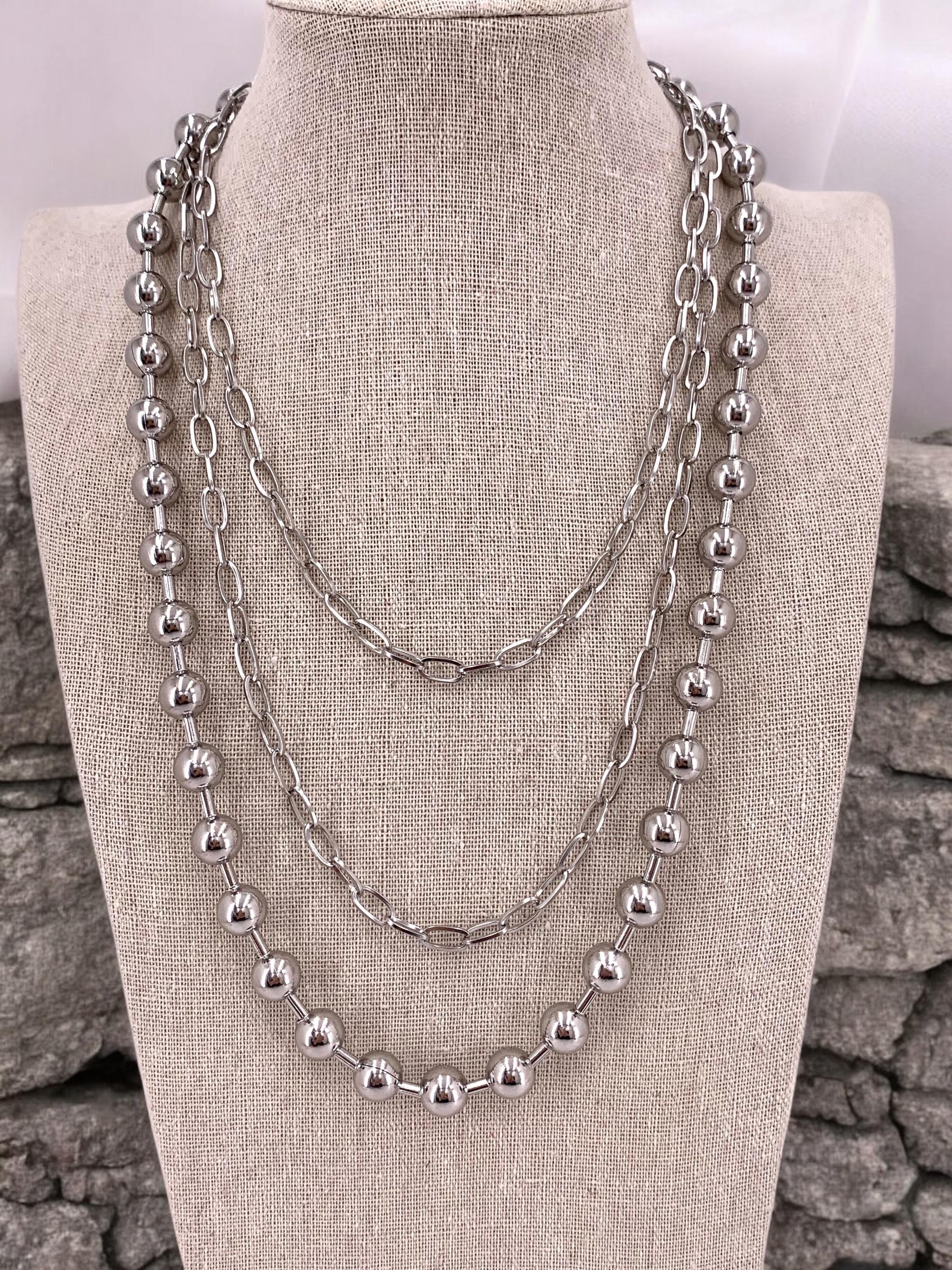 Chunky Multi-Layer Necklace – Black Silver Stainless Steel – Big Ball Chain – Statement Jewelry – Kukuri Jewelry