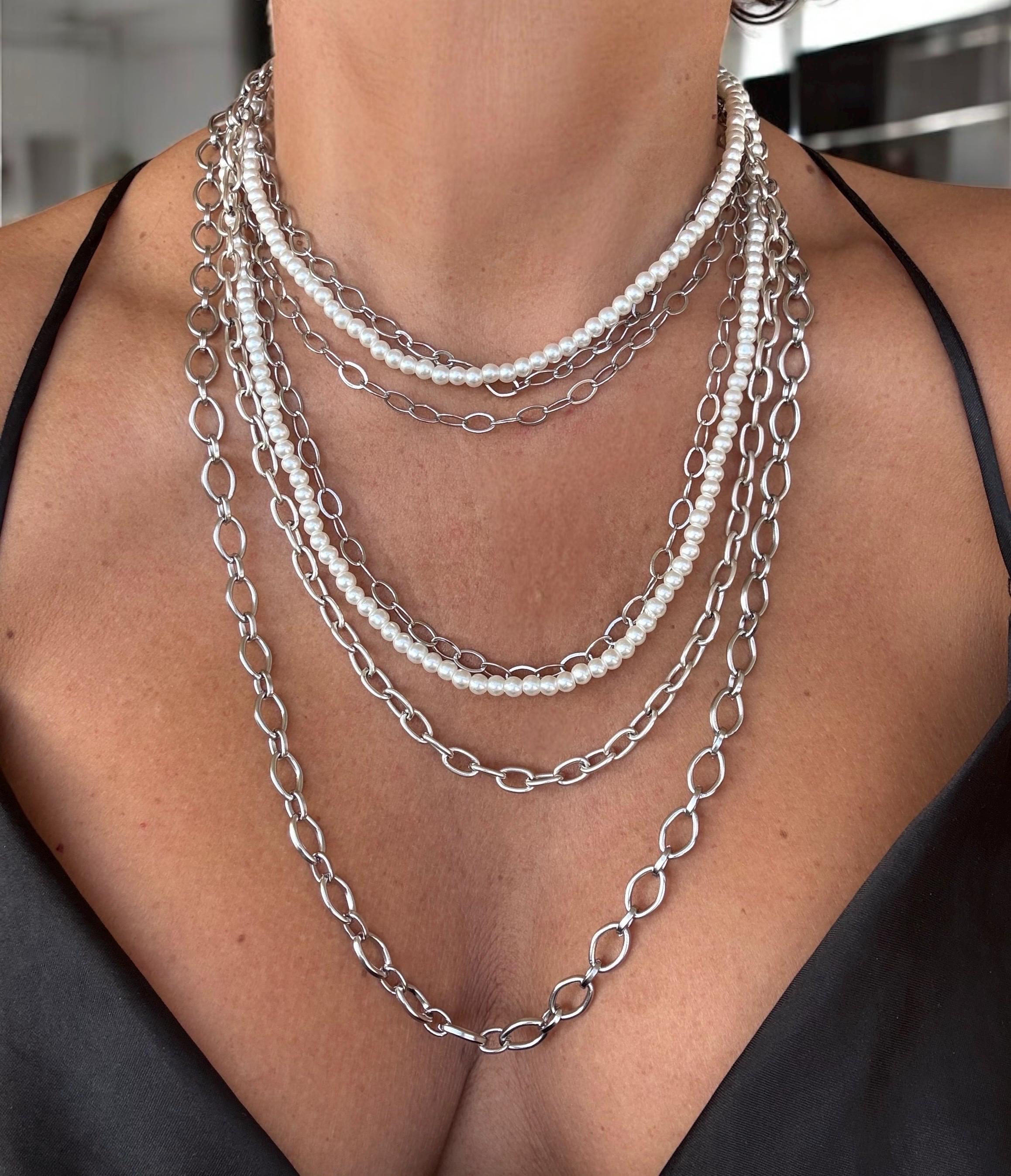 Chunky Multi-Strand Necklace – Layered Crystal Pearls & Stainless Steel Chains – Bold Sculptural Statement Jewelry - exclusive Kukuri design