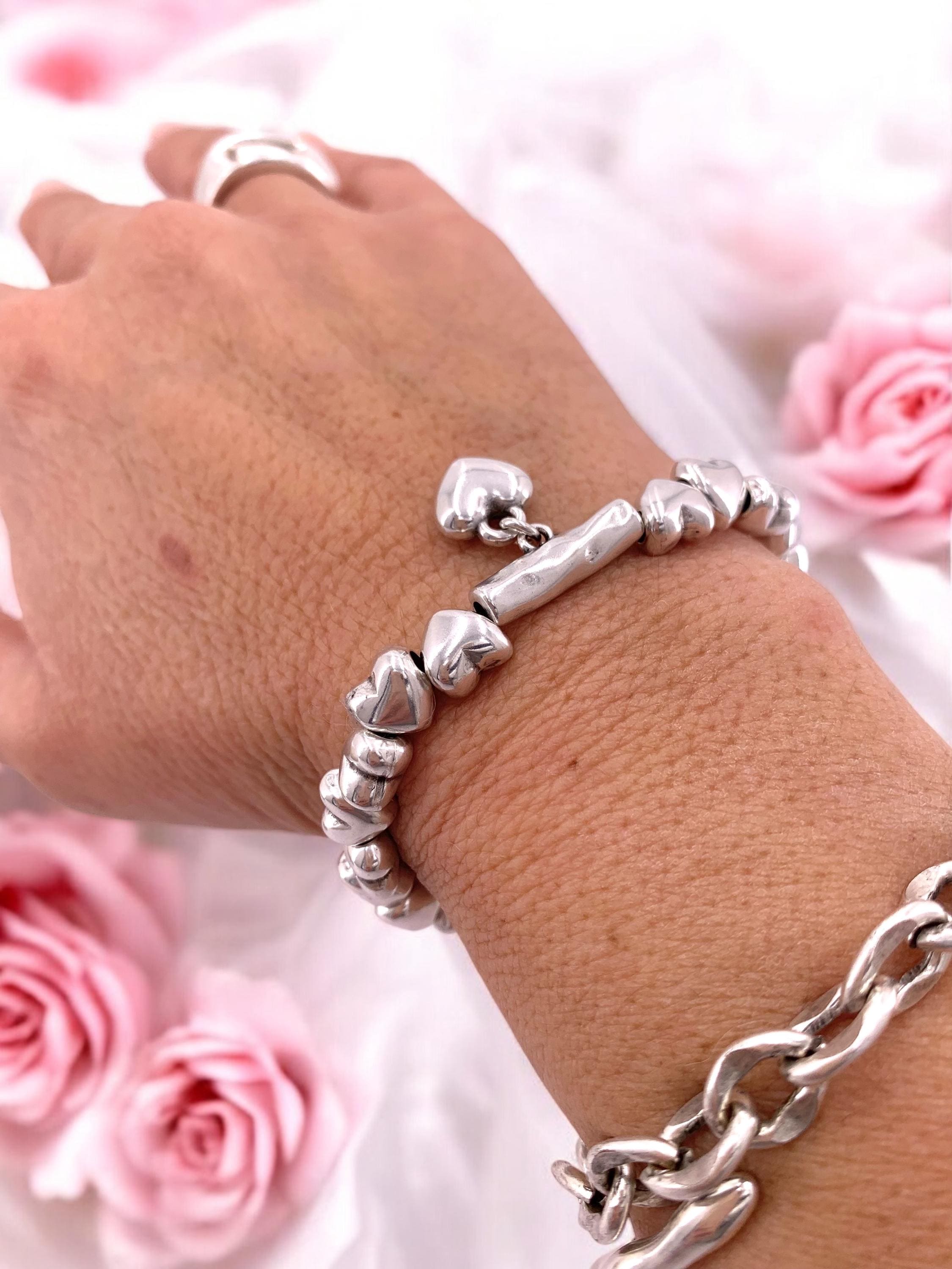 Silver Heart Bead Bracelet – Elastic Boho Romantic Jewelry – Handmade Gift for Her – Kukuri Jewelry