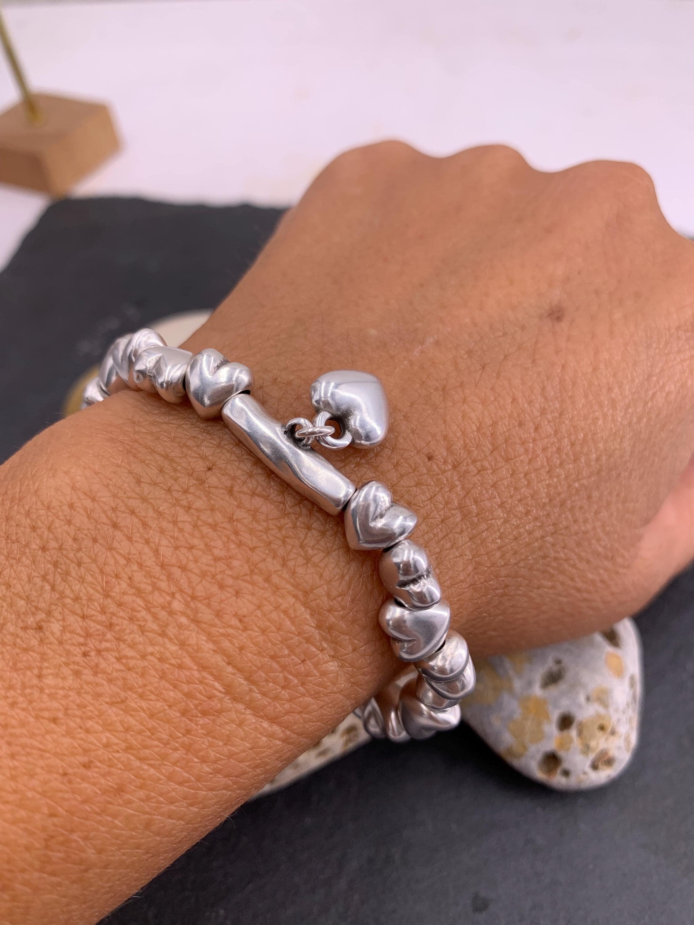 Silver Heart Bead Bracelet – Elastic Boho Romantic Jewelry – Handmade Gift for Her – Kukuri Jewelry