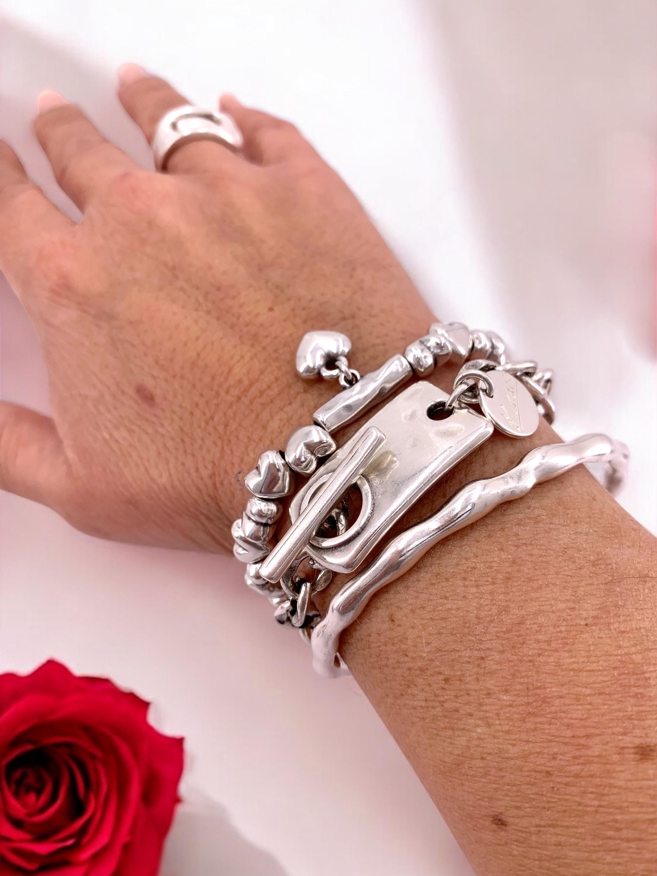 Silver Heart Bead Bracelet – Elastic Boho Romantic Jewelry – Handmade Gift for Her – Kukuri Jewelry