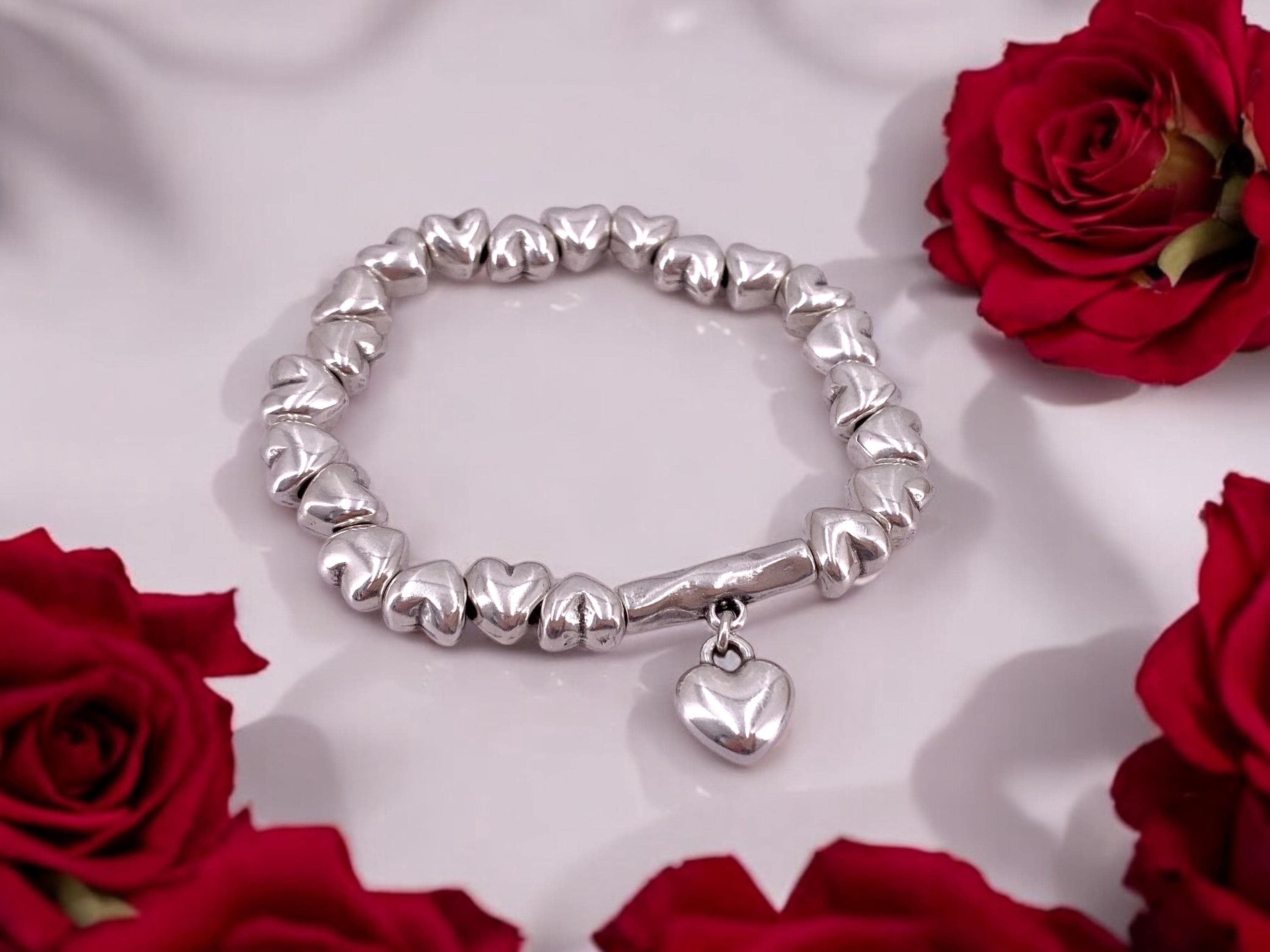 Silver Heart Bead Bracelet – Elastic Boho Romantic Jewelry – Handmade Gift for Her – Kukuri Jewelry