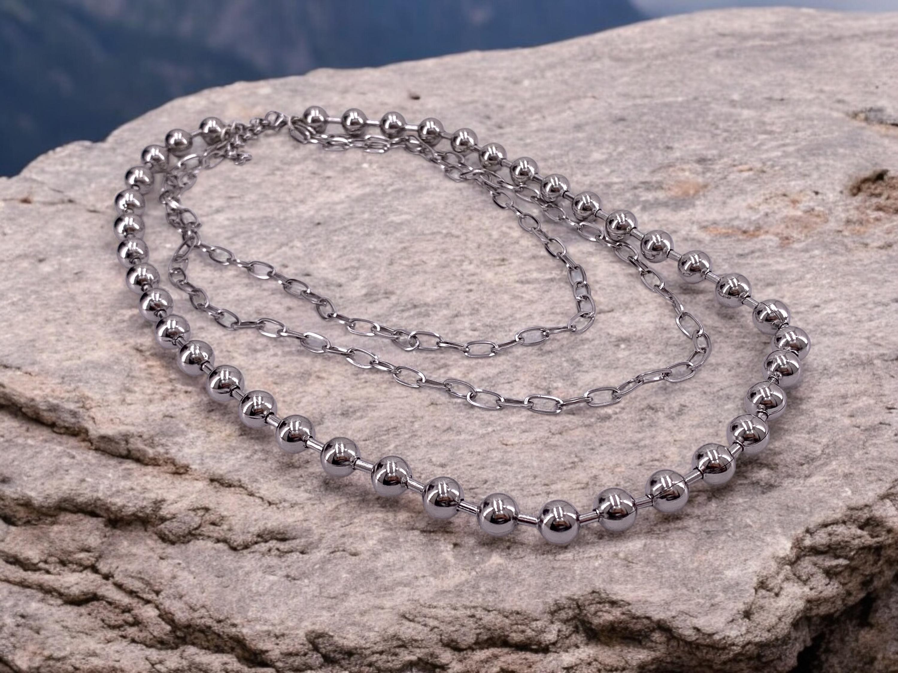 Chunky Multi-Layer Necklace – Black Silver Stainless Steel – Big Ball Chain – Statement Jewelry – Kukuri Jewelry