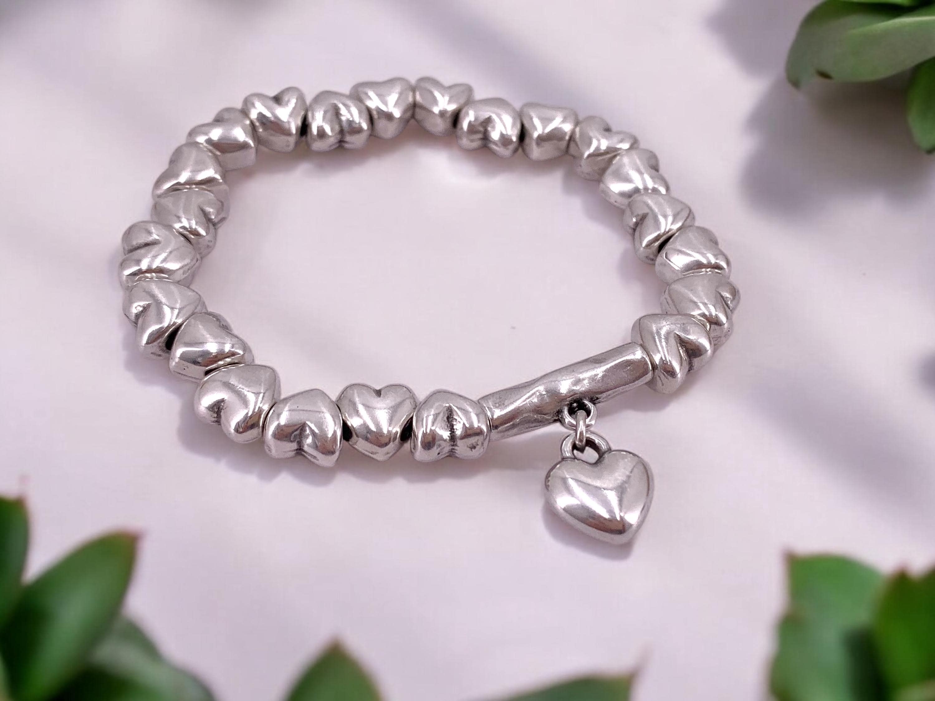 Silver Heart Bead Bracelet – Elastic Boho Romantic Jewelry – Handmade Gift for Her – Kukuri Jewelry