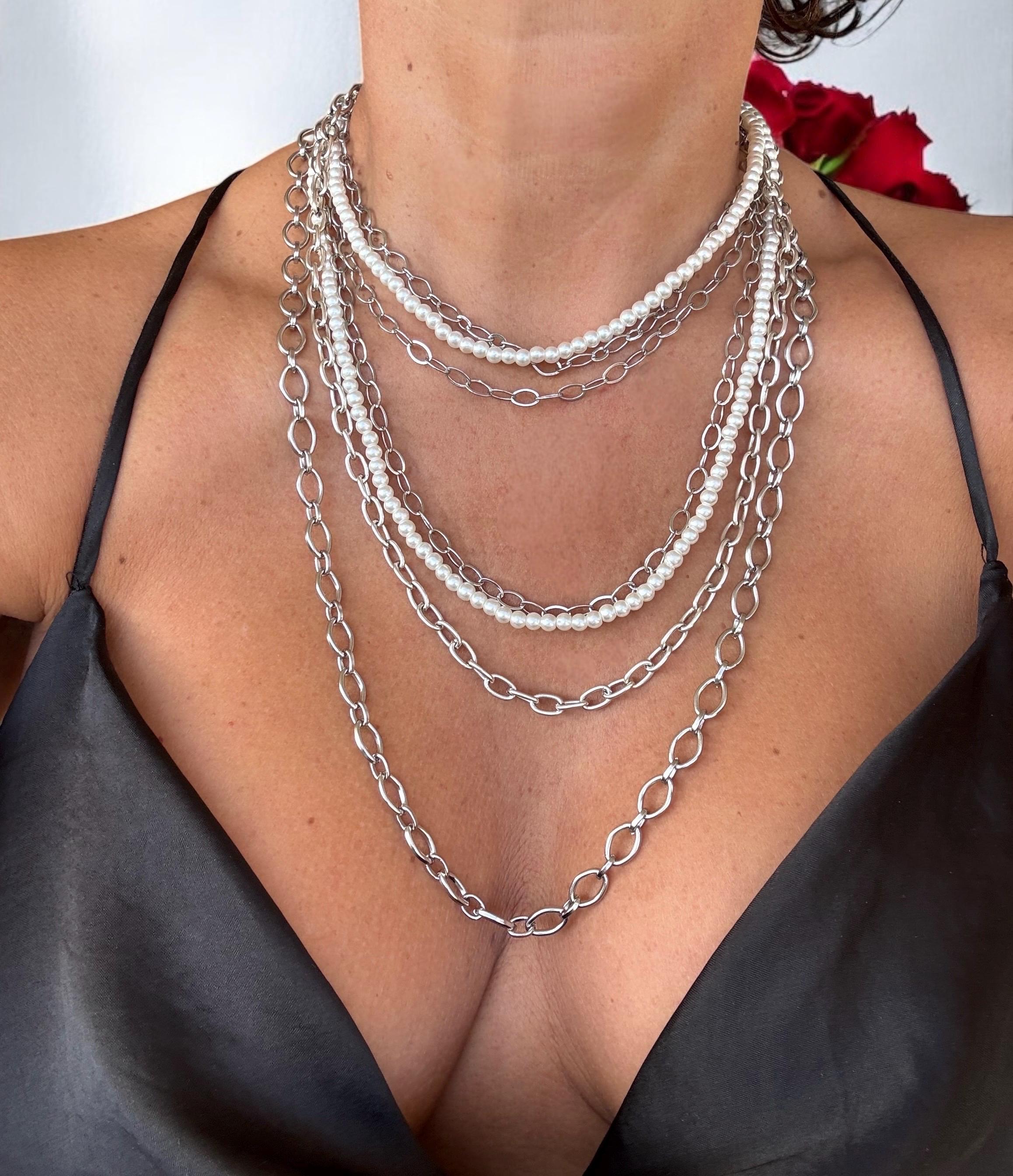 Chunky Multi-Strand Necklace – Layered Crystal Pearls & Stainless Steel Chains – Bold Sculptural Statement Jewelry - exclusive Kukuri design