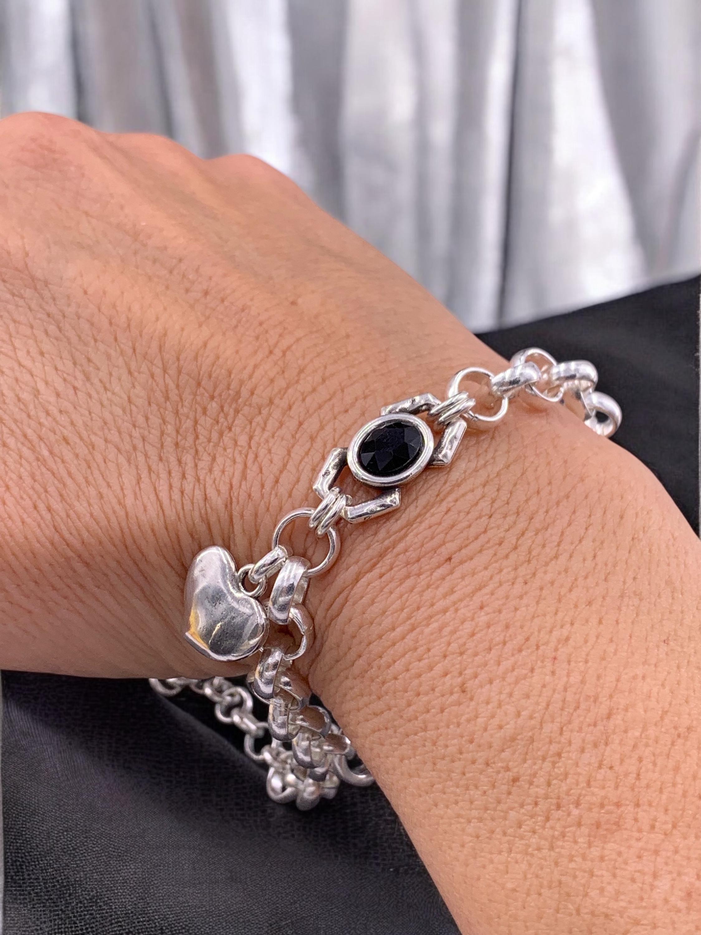 Chunky Silver Bracelet – Black Swarovski Crystal & Heart Charm – Adjustable Rolo Chain – Kukuri Jewelry