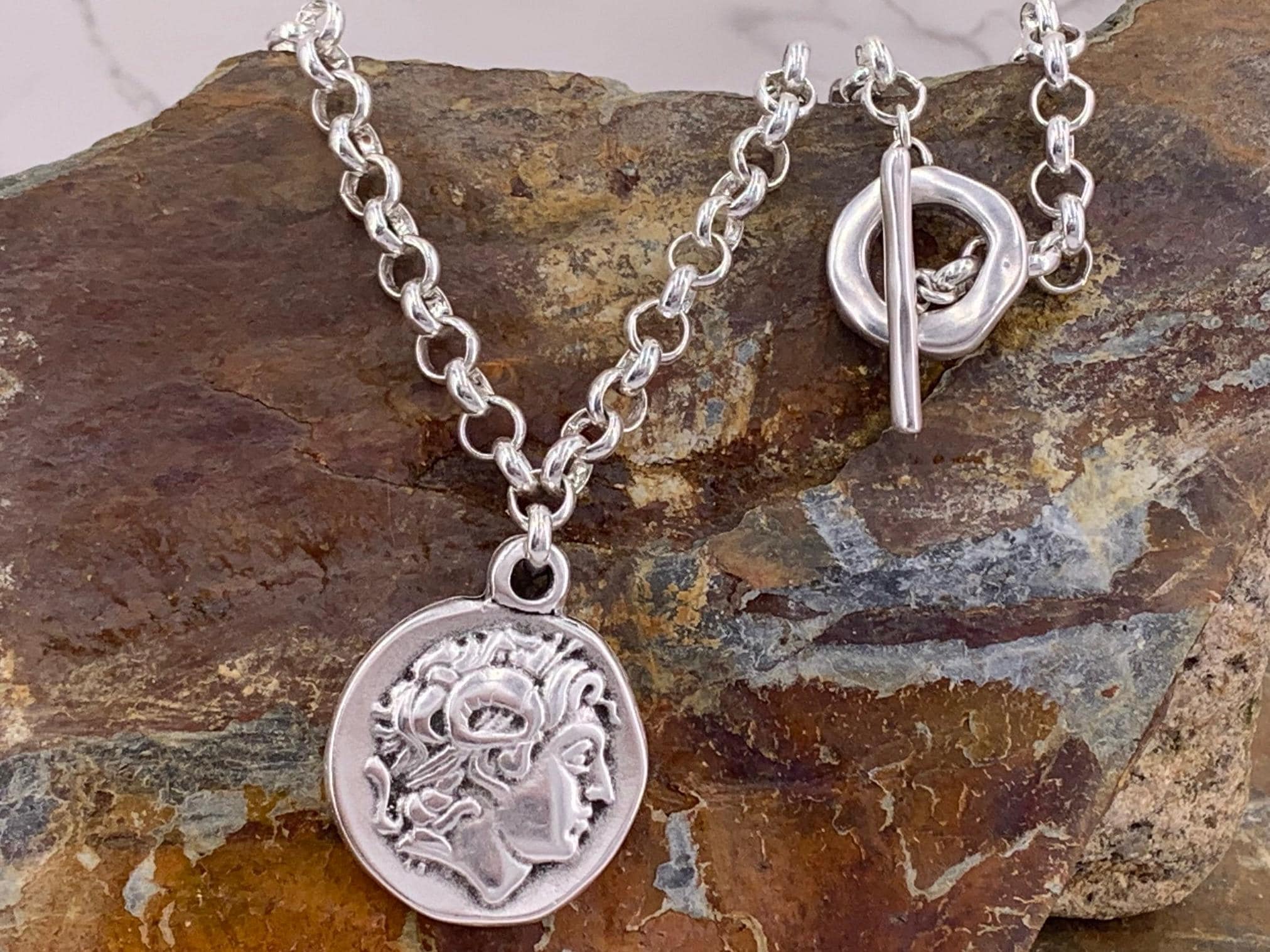 Chunky Silver Greek Coin Necklace – Rolo Chain – Toggle Clasp – Handmade Statement Jewelry – Kukuri Jewelry