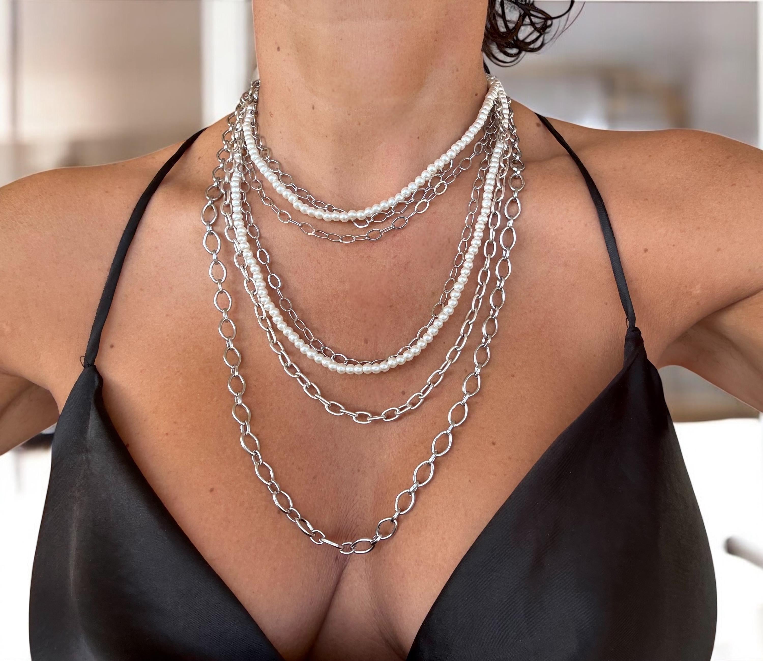 Chunky Multi-Strand Necklace – Layered Crystal Pearls & Stainless Steel Chains – Bold Sculptural Statement Jewelry - exclusive Kukuri design