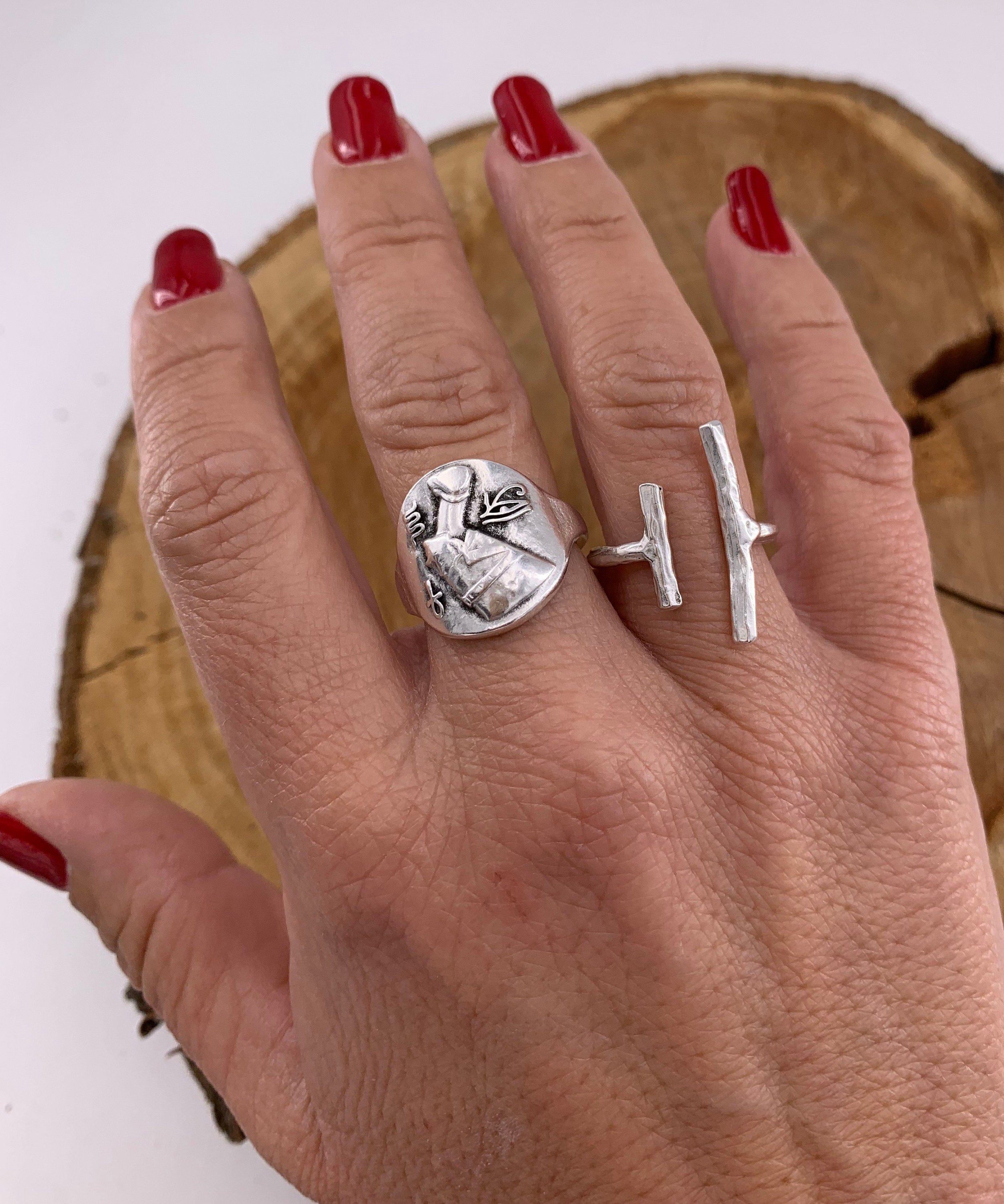 Boho Silver Ring Set – Open Bar Ring & Egyptian Symbol Band – Adjustable – Kukuri Jewelry