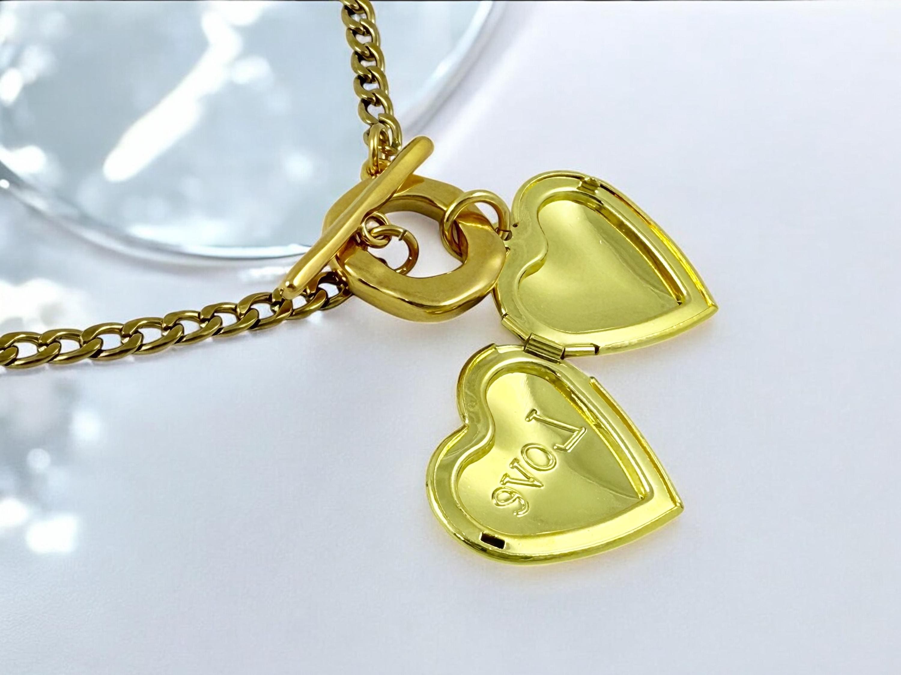 Chunky Gold Chain Choker Necklace – Stainless Steel – Toggle Clasp with “Love” Heart Locket – Kukuri Jewelry