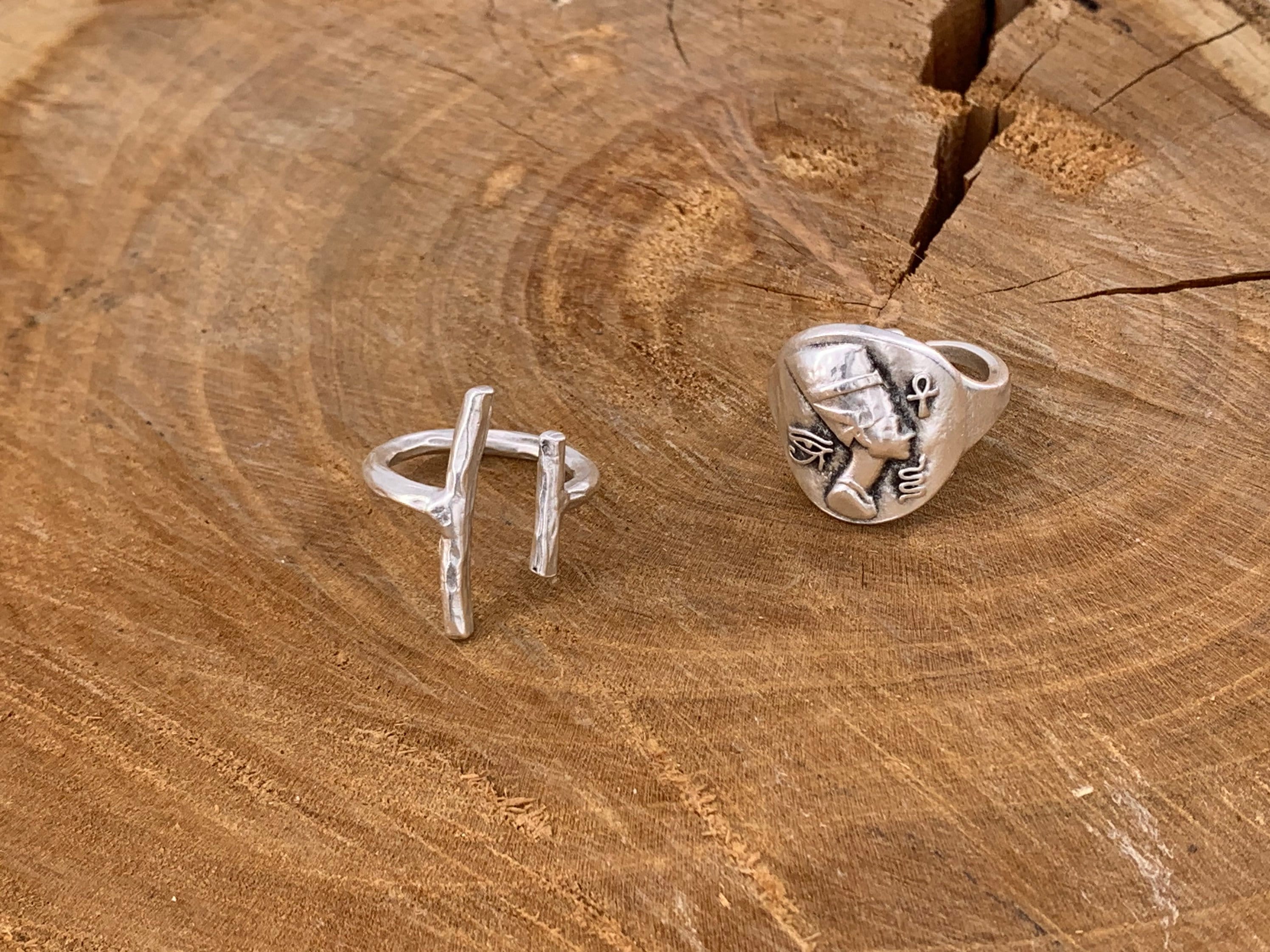Boho Silver Ring Set – Open Bar Ring & Egyptian Symbol Band – Adjustable – Kukuri Jewelry