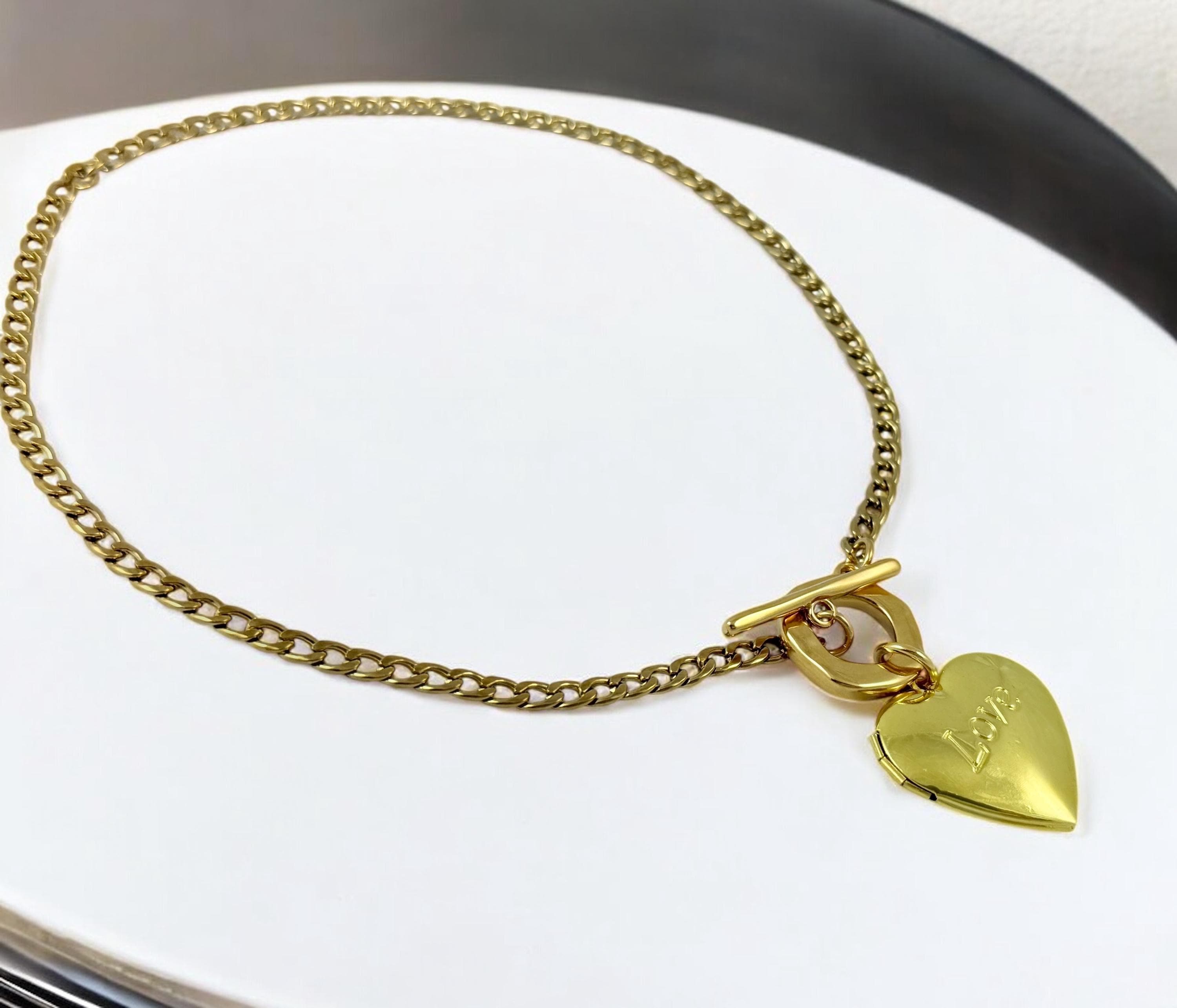 Chunky Gold Chain Choker Necklace – Stainless Steel – Toggle Clasp with “Love” Heart Locket – Kukuri Jewelry