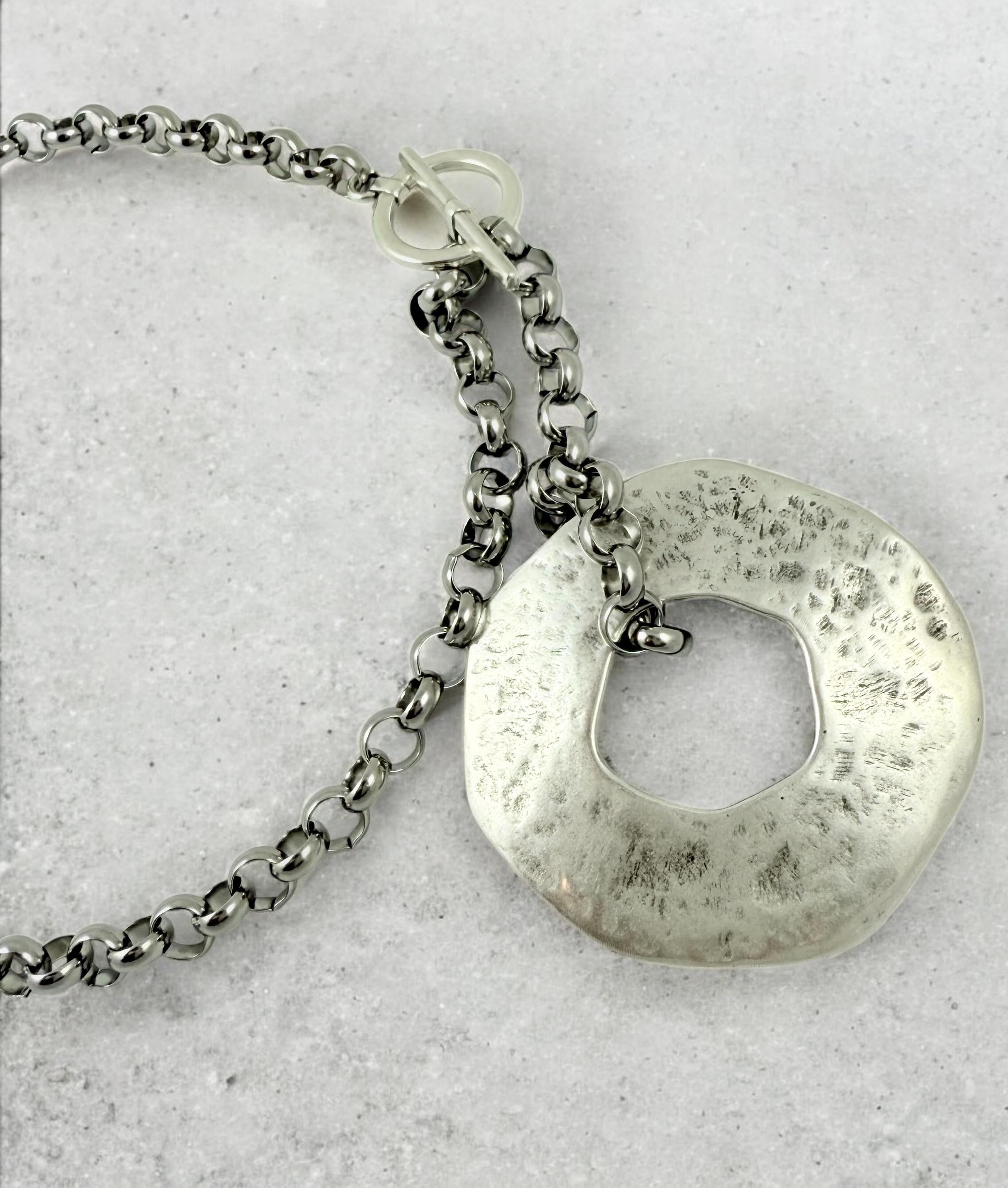 Chunky Lariat Necklace – Large Circle Pendant – Antique Silver Finish – Kukuri Jewelry