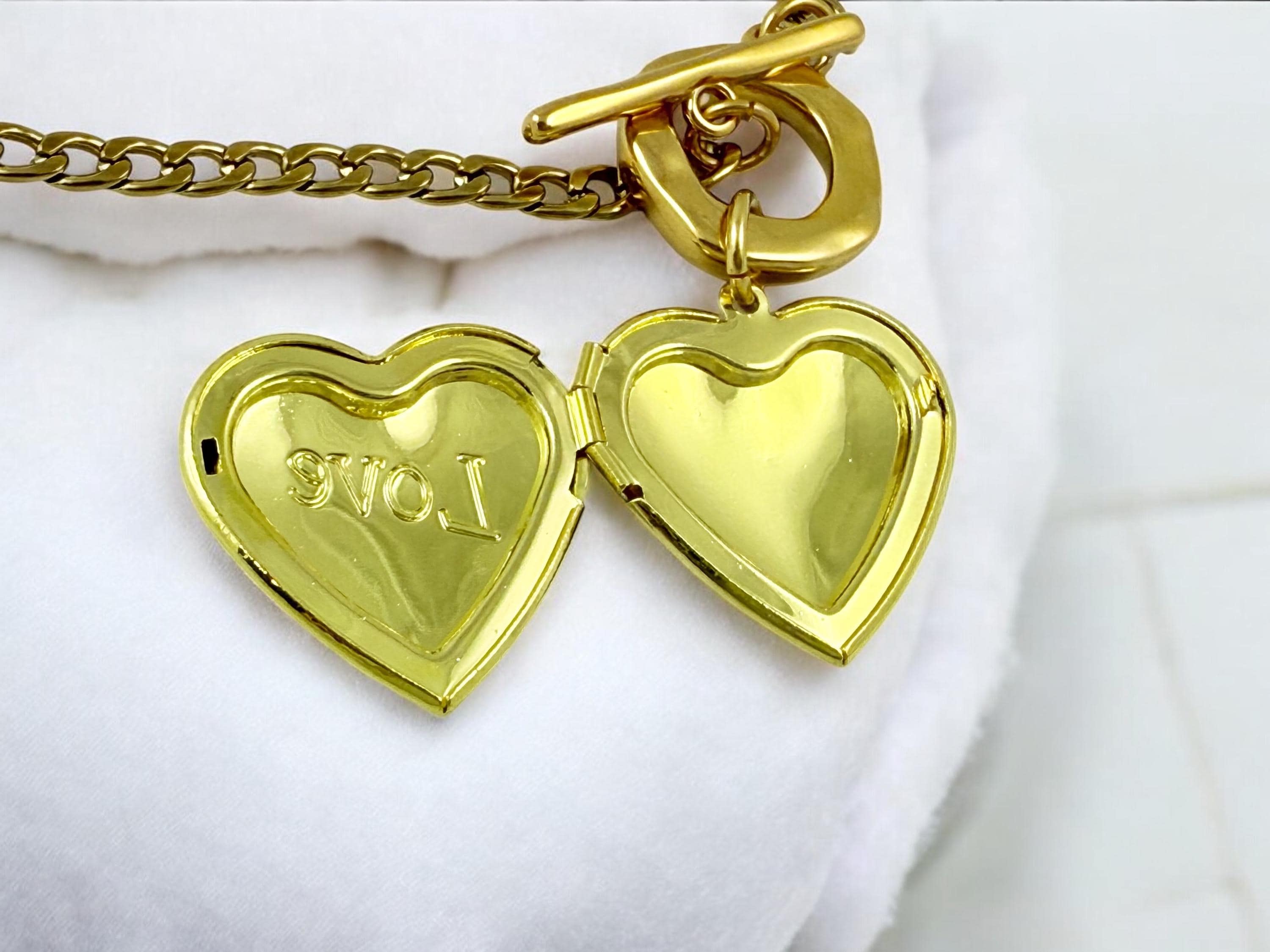 Chunky Gold Chain Choker Necklace – Stainless Steel – Toggle Clasp with “Love” Heart Locket – Kukuri Jewelry