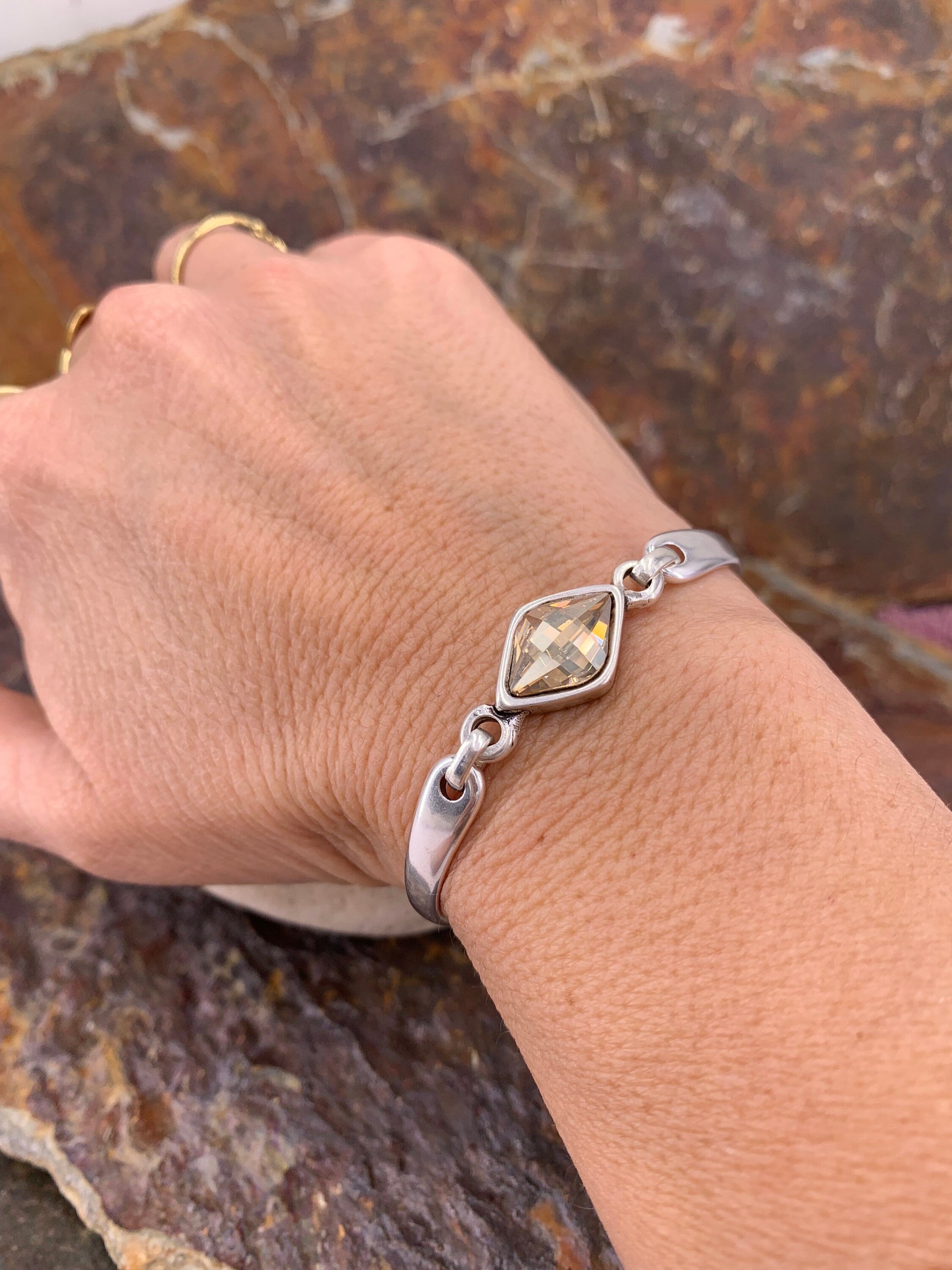 Chunky Silver Bracelet – Swarovski Crystal Connector – Adjustable Birthday Gift for Women – Kukuri Jewelry